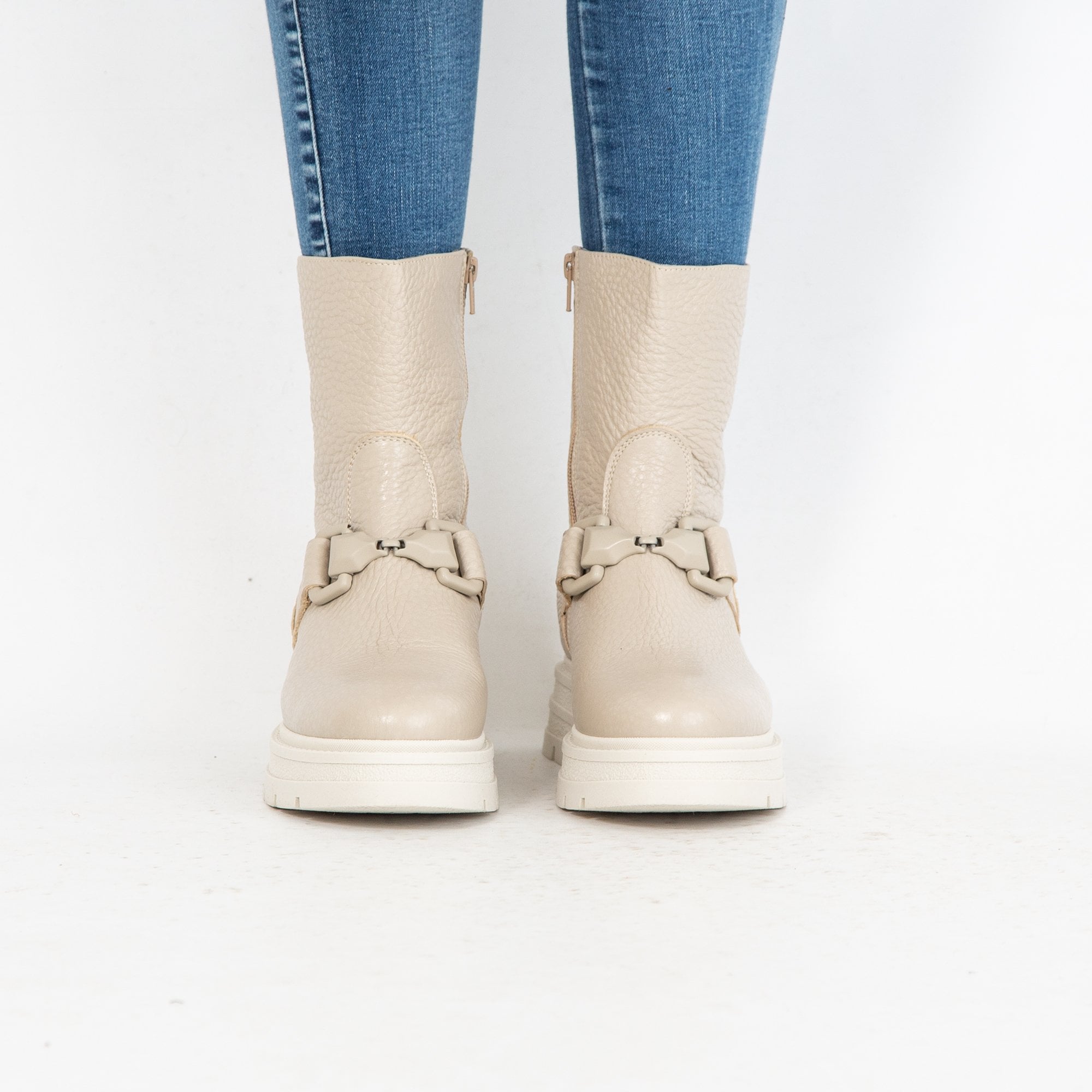 Dl Sport Maya Grained Leather Boot With Front Buckle Detail Stone