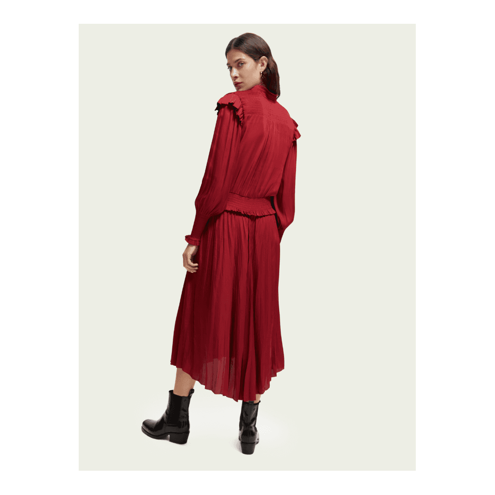 Scotch & Soda Smock Stitch Midi Dress With Tie Neck Wine