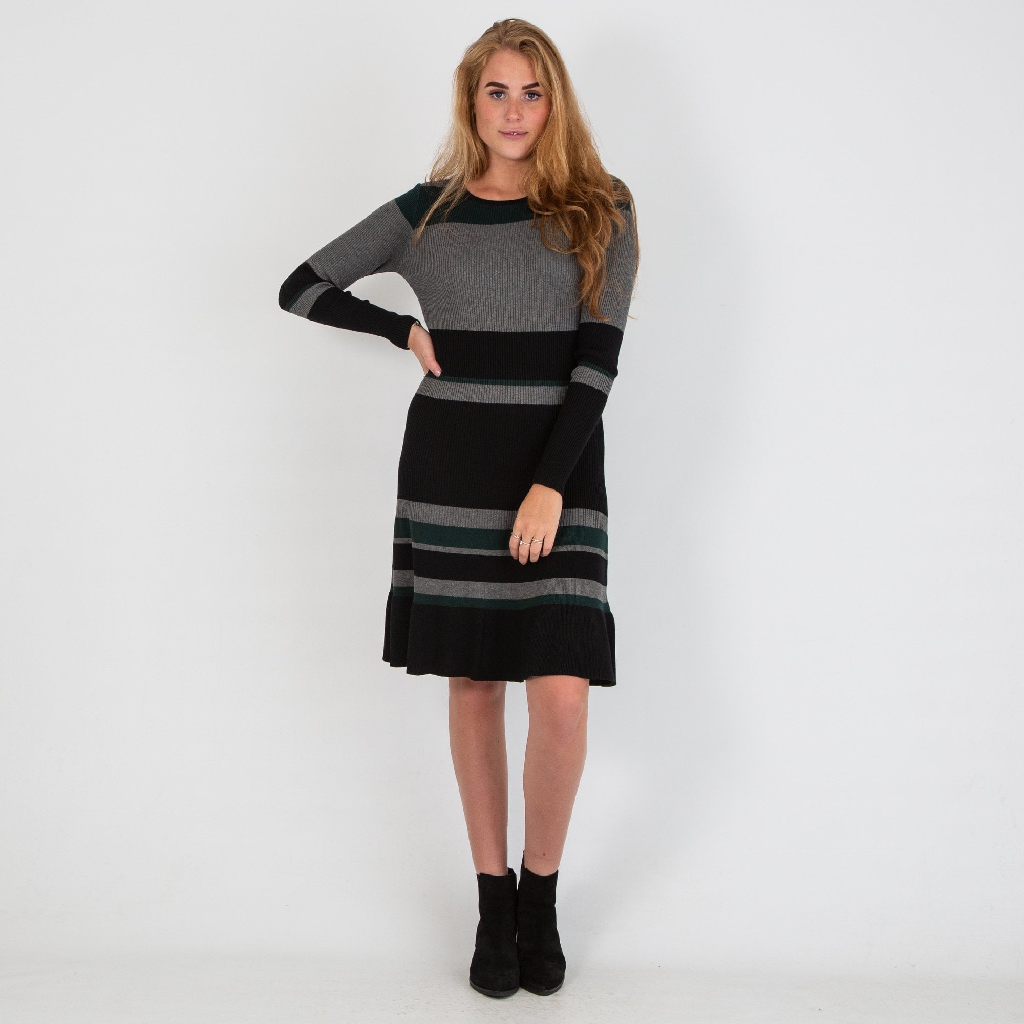 Dames Round Neck Stripe Knitted Dress Green/Grey/Black