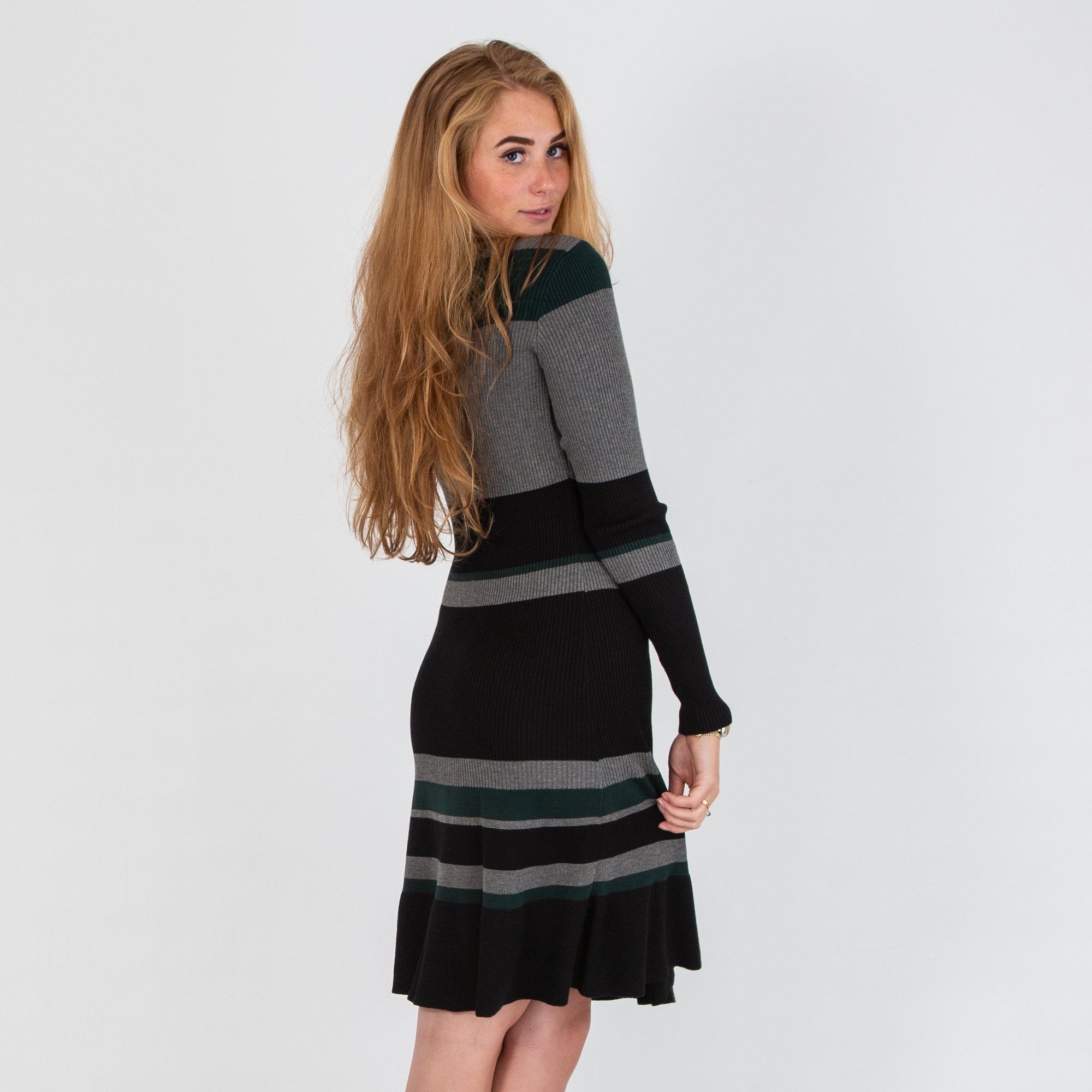 Dames Round Neck Stripe Knitted Dress Green/Grey/Black