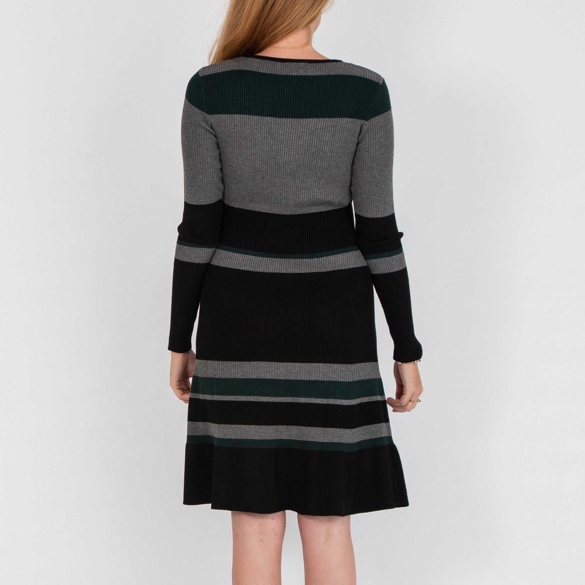 Dames Round Neck Stripe Knitted Dress Green/Grey/Black