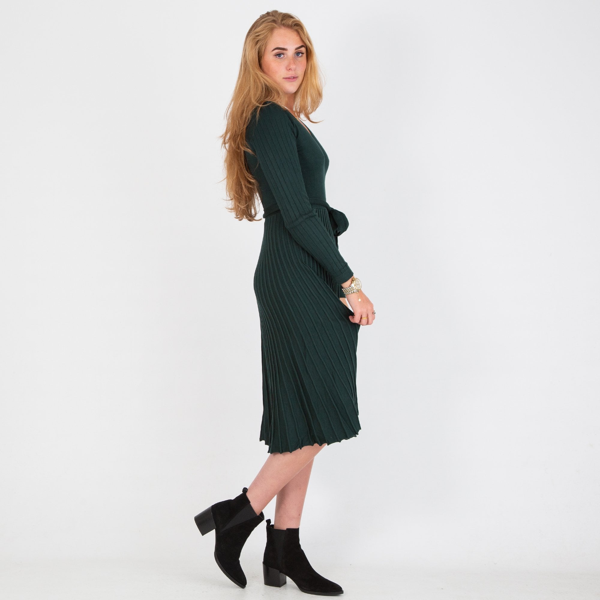 Dames V Neck Pleat Hem Knitted Dress Dark Green