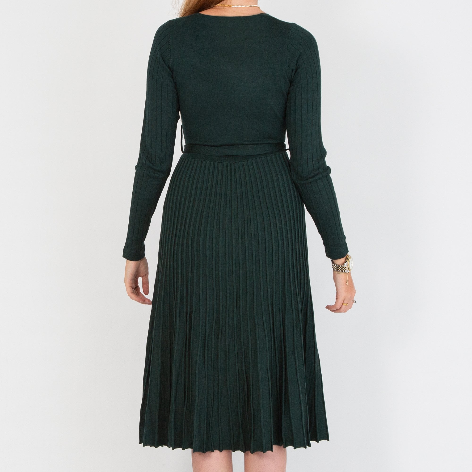Dames V Neck Pleat Hem Knitted Dress Dark Green
