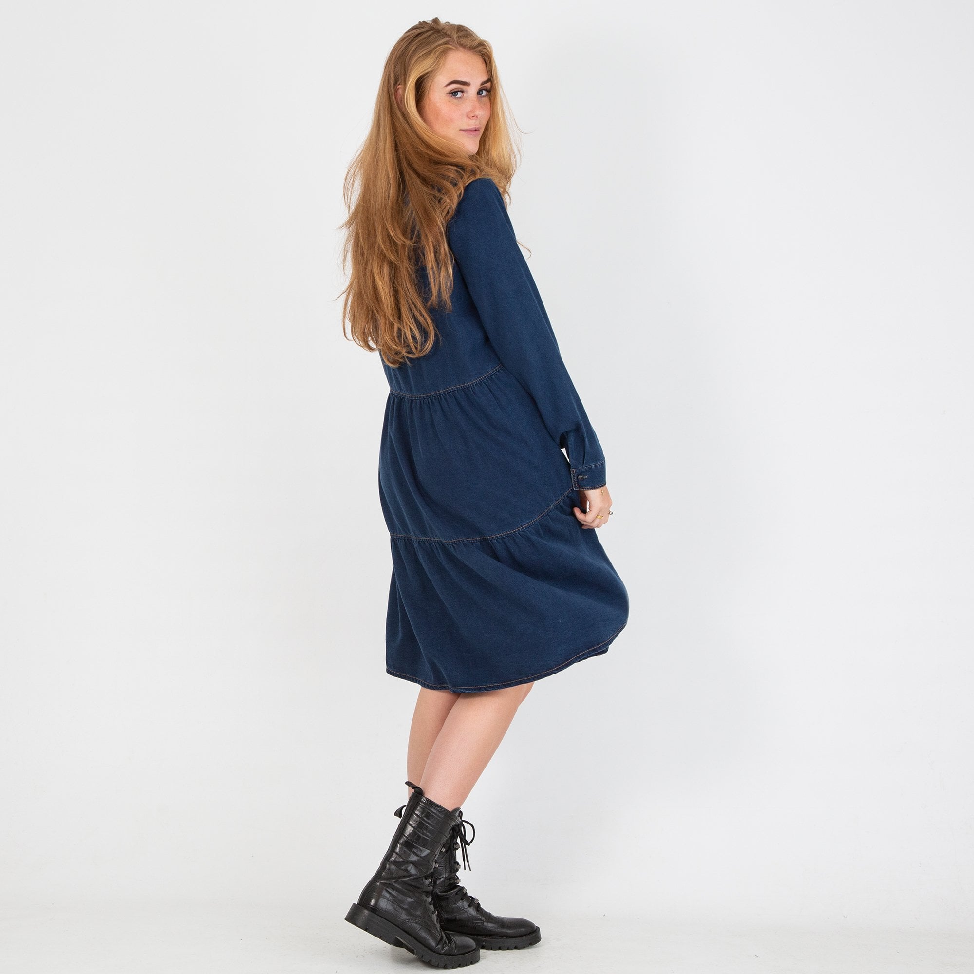 Just White Plain Denim Look Stitched Tiered Dress Navy