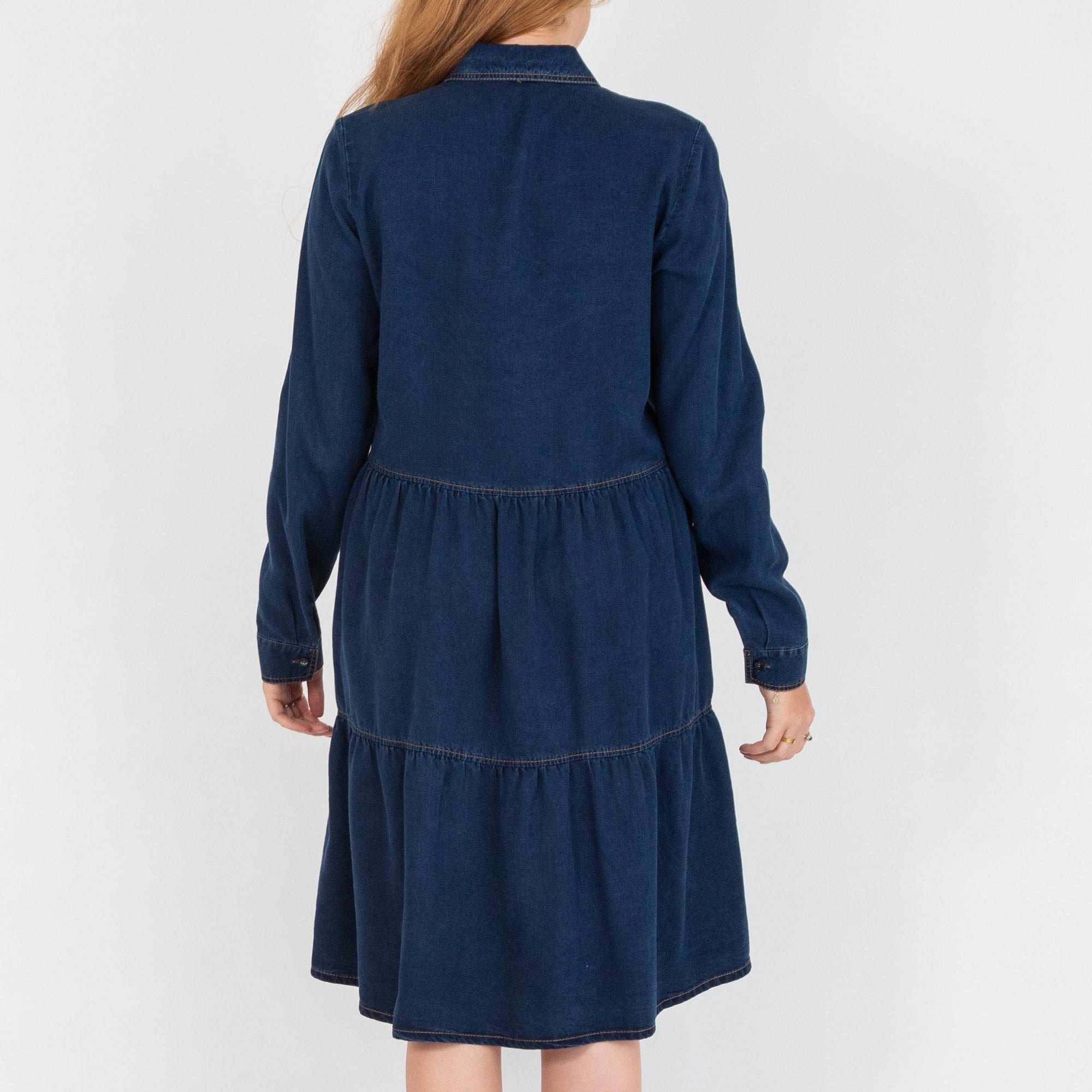 Just White Plain Denim Look Stitched Tiered Dress Navy