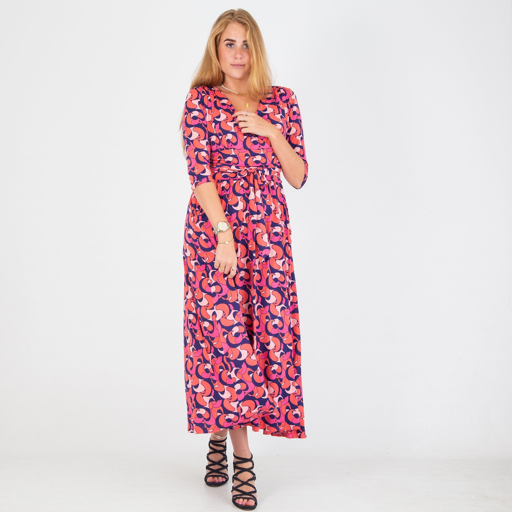 Onjenu Crawford Abstract Print V Neck Midi Dress Pink/navy