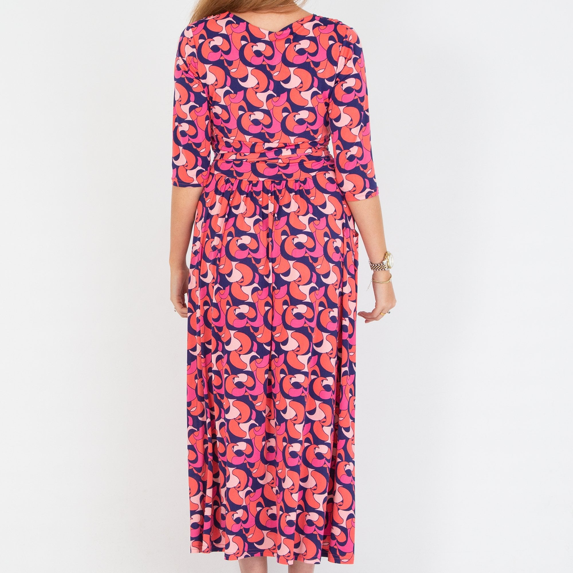 Onjenu Crawford Abstract Print V Neck Midi Dress Pink/navy