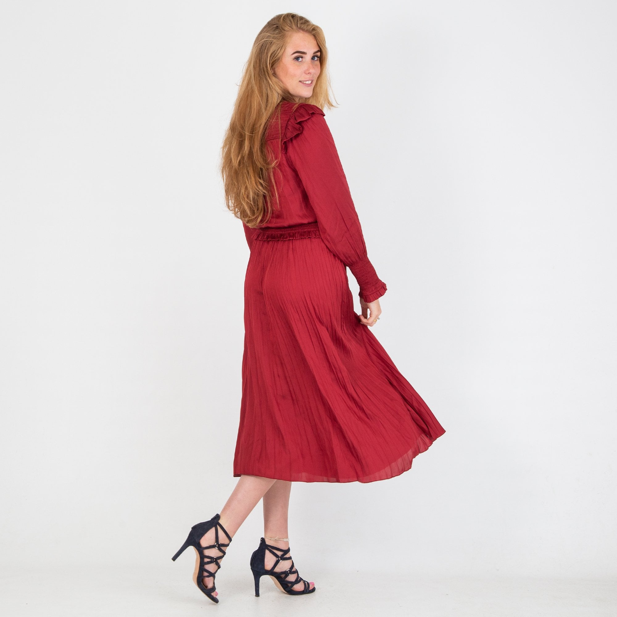 Scotch & Soda Smock Stitch Midi Dress With Tie Neck Wine
