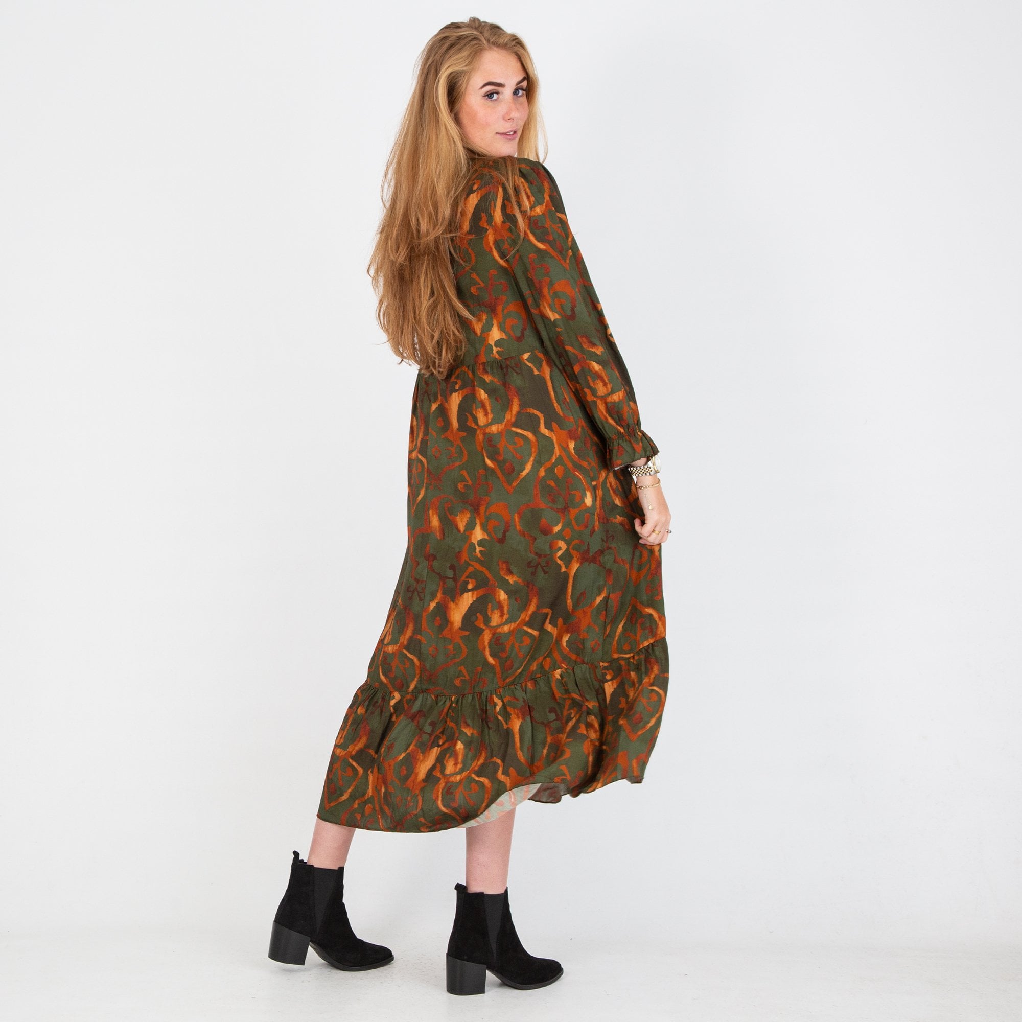 Goose Island Swirl Print Smock Top Tiered Hem Midi Dress Khaki/caramel