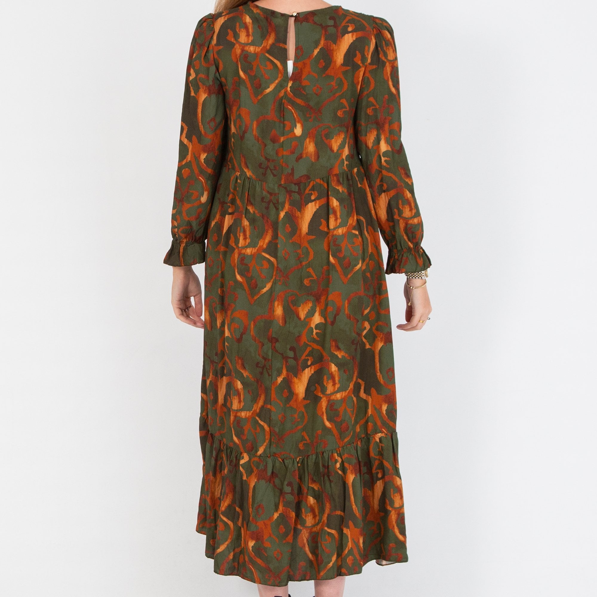 Goose Island Swirl Print Smock Top Tiered Hem Midi Dress Khaki/caramel