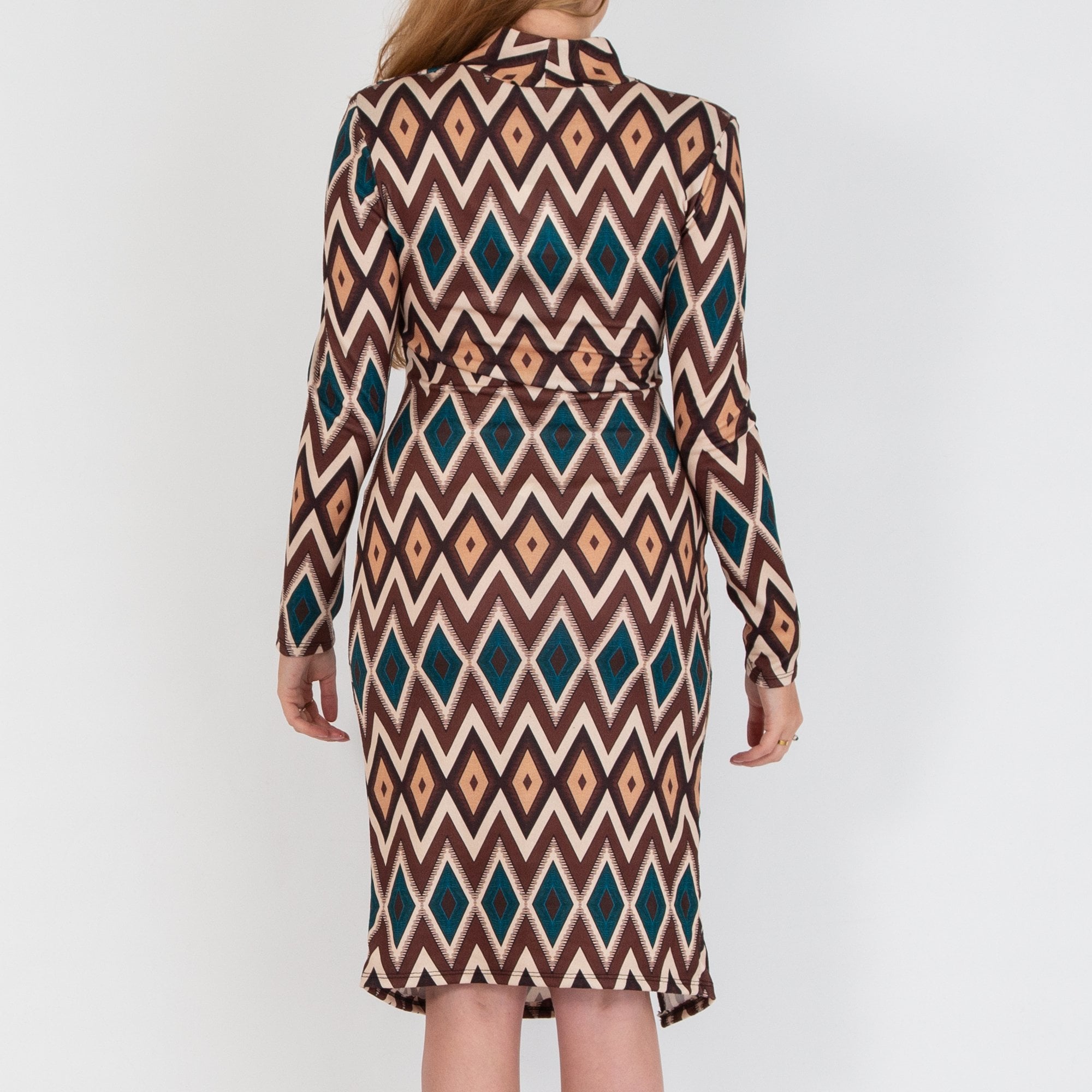 Dames Diamond Print Ruched Side Fitted Jersey Dress Brown Multi