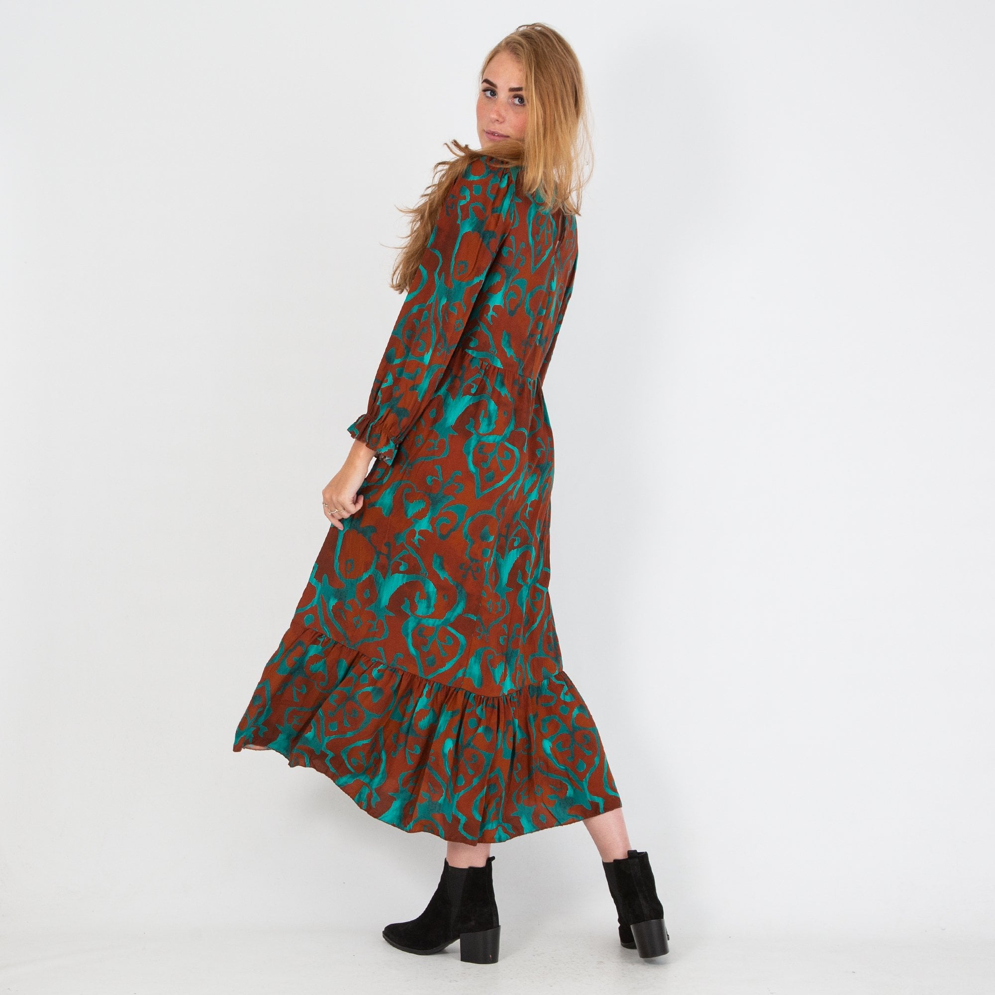 Goose Island Swirl Print Smock Top Tiered Hem Midi Dress Brown/turquoise