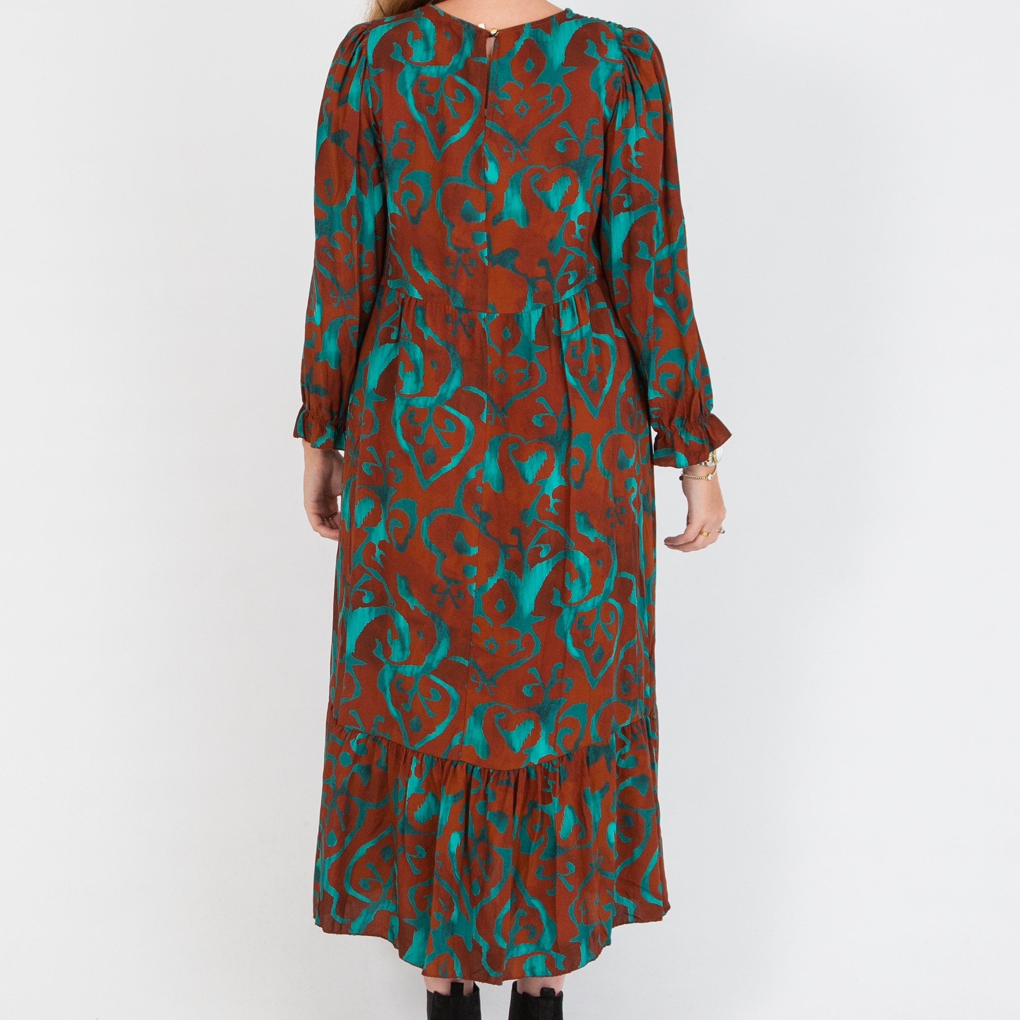 Goose Island Swirl Print Smock Top Tiered Hem Midi Dress Brown/turquoise
