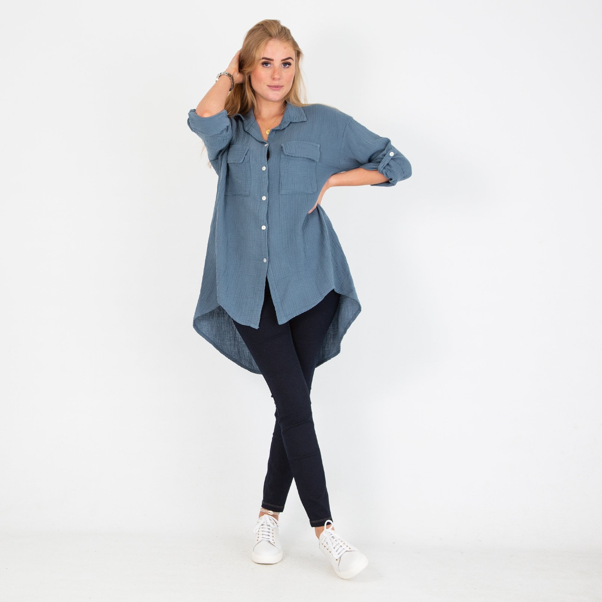 Goose Island Oversize Textured Cotton Pocket Front Shirt Dusty Blue