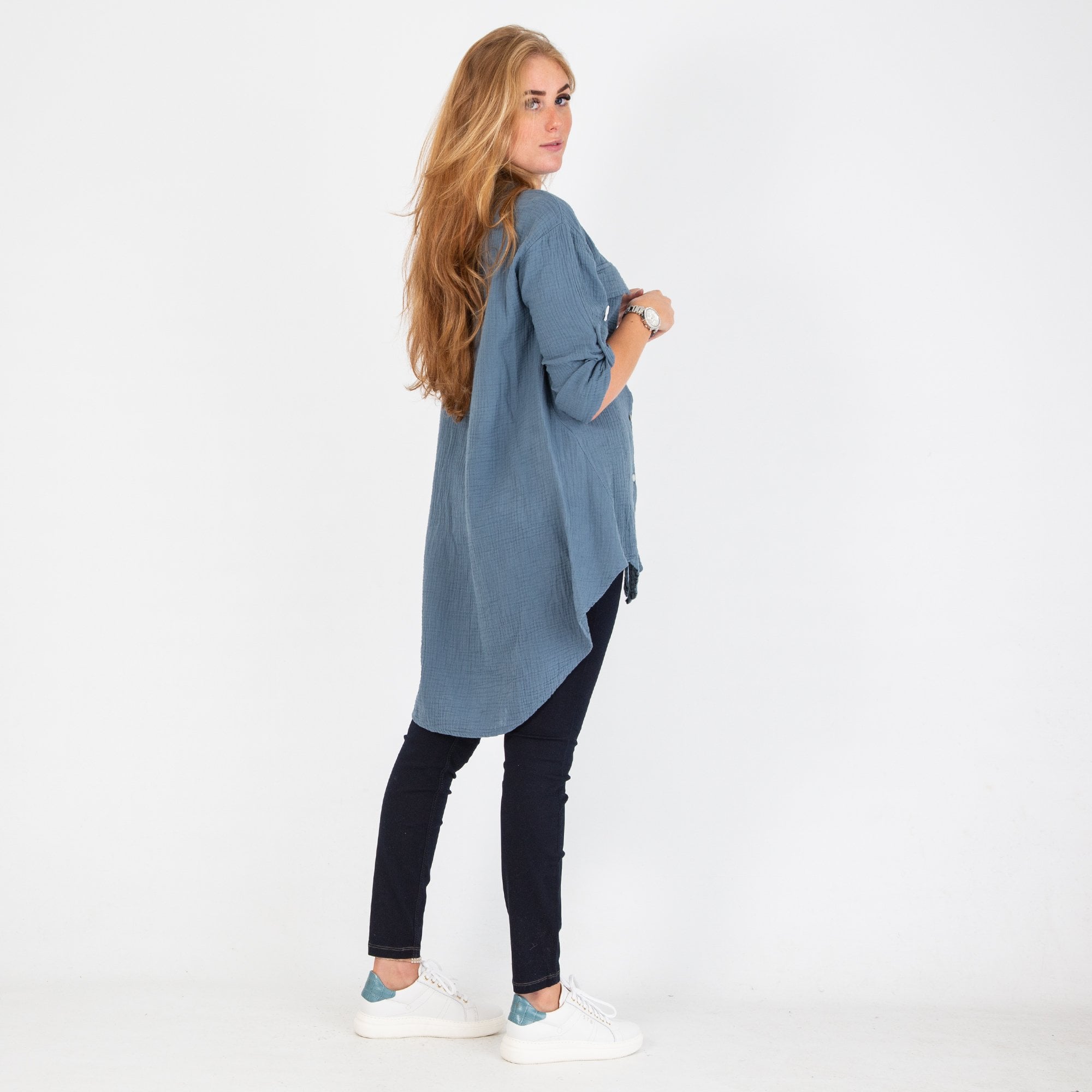 Goose Island Oversize Textured Cotton Pocket Front Shirt Dusty Blue