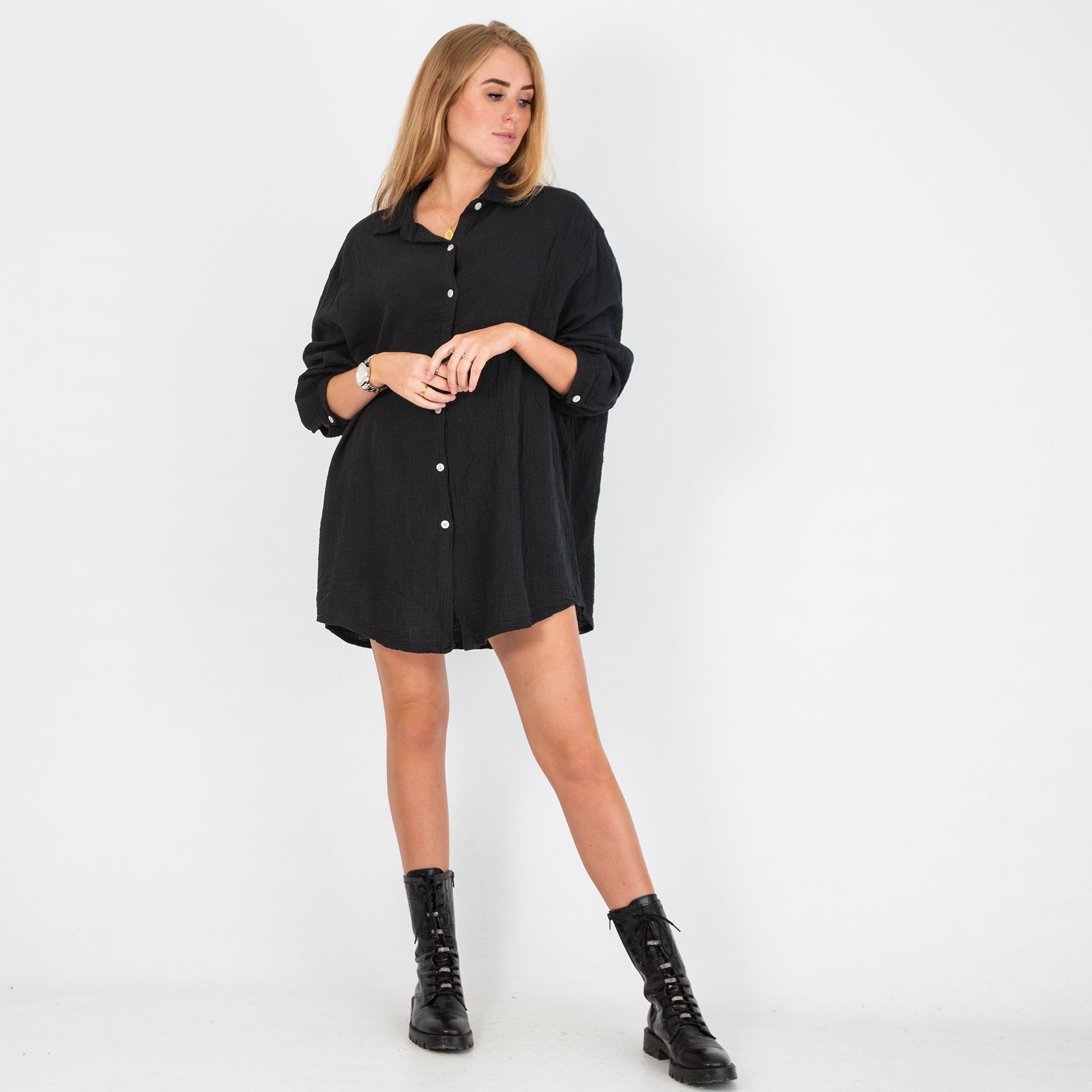 Goose Island Oversize Button Down Textured Cotton Shirt Black