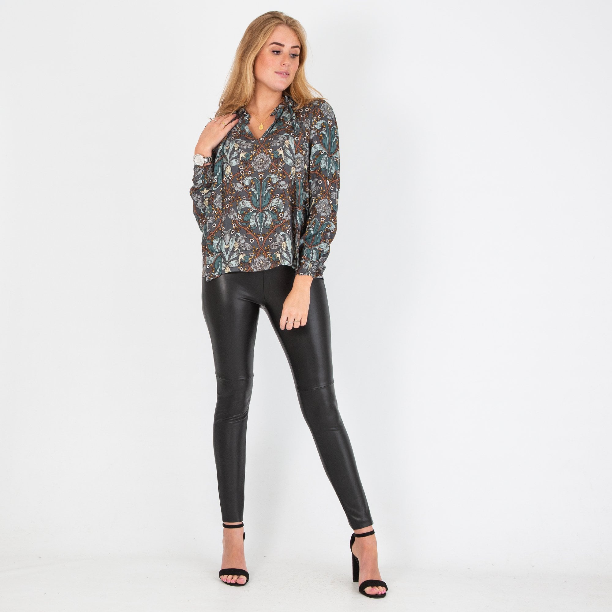 Mos Mosh Miggy Amarlia Floral Frill & Tie Neck Blouse Grey Multi