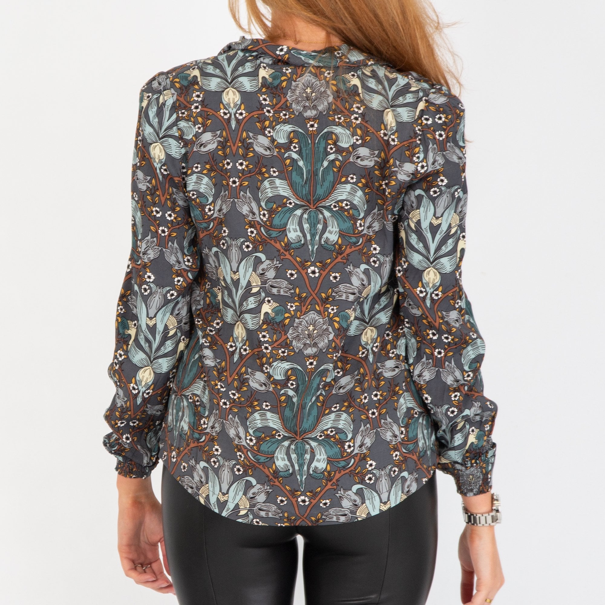 Mos Mosh Miggy Amarlia Floral Frill & Tie Neck Blouse Grey Multi