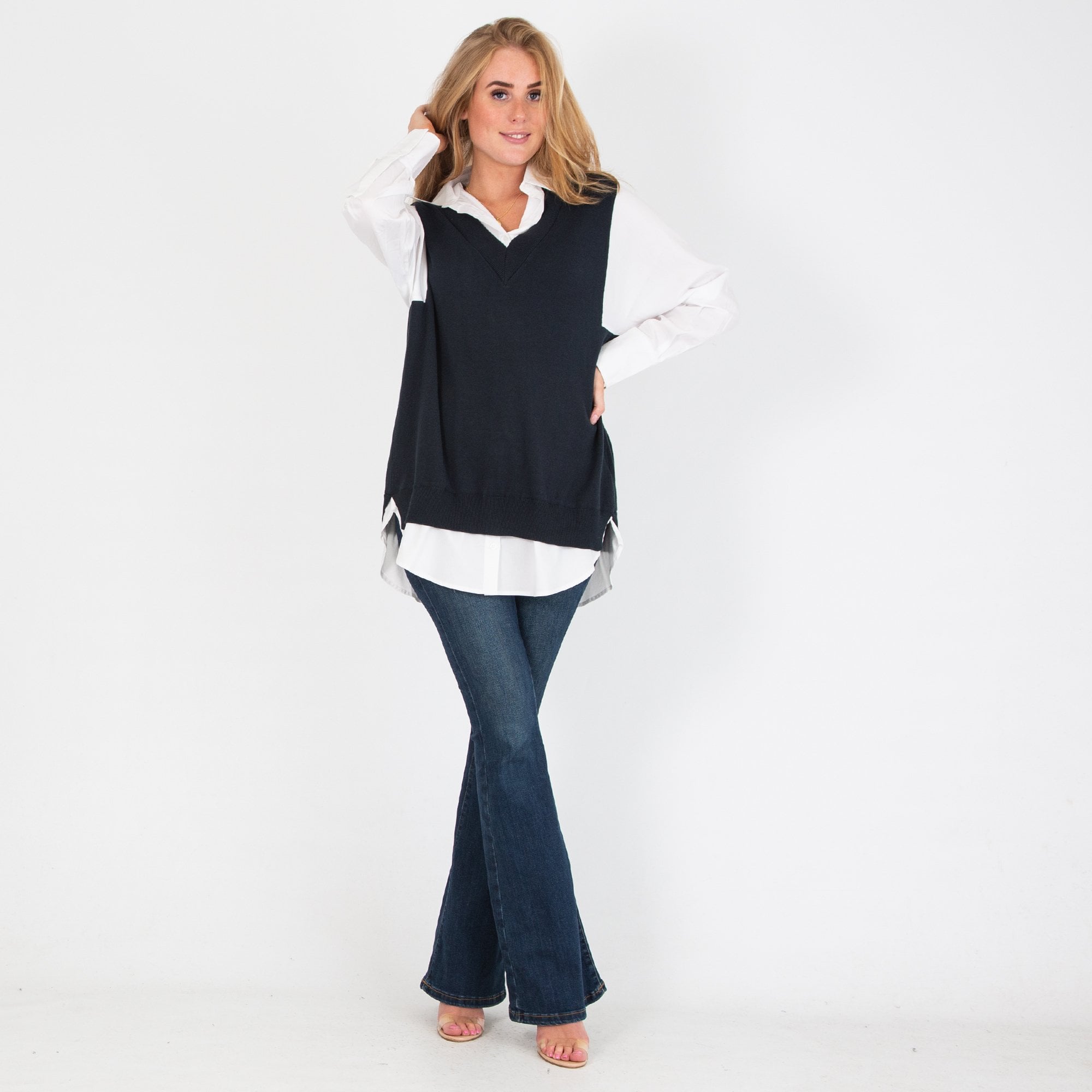 Mos Mosh V Neck Knit Jumper With Shirt Insert Dark Navy/white