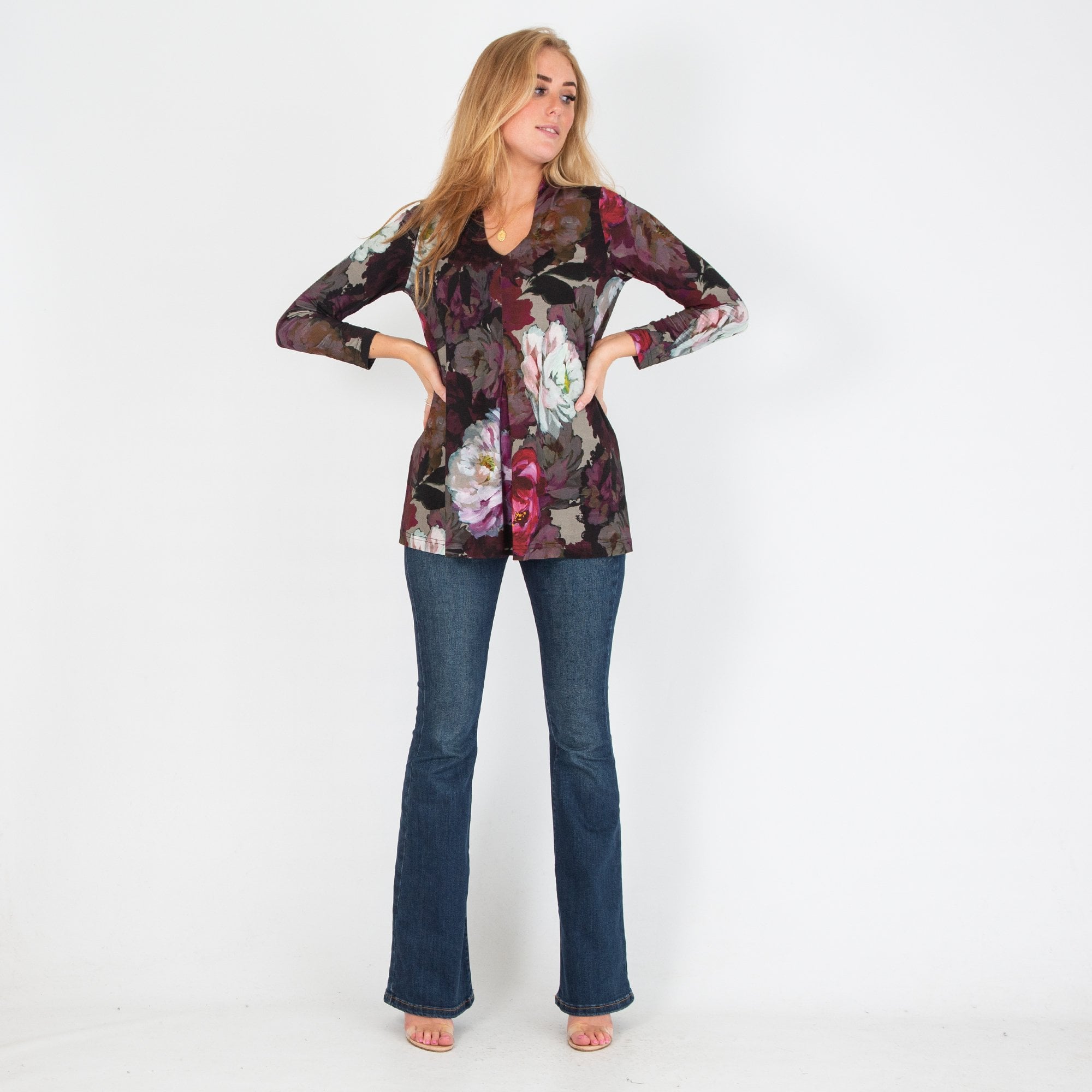 Sahara V Neck Rose Print A Line Top Purple/grey