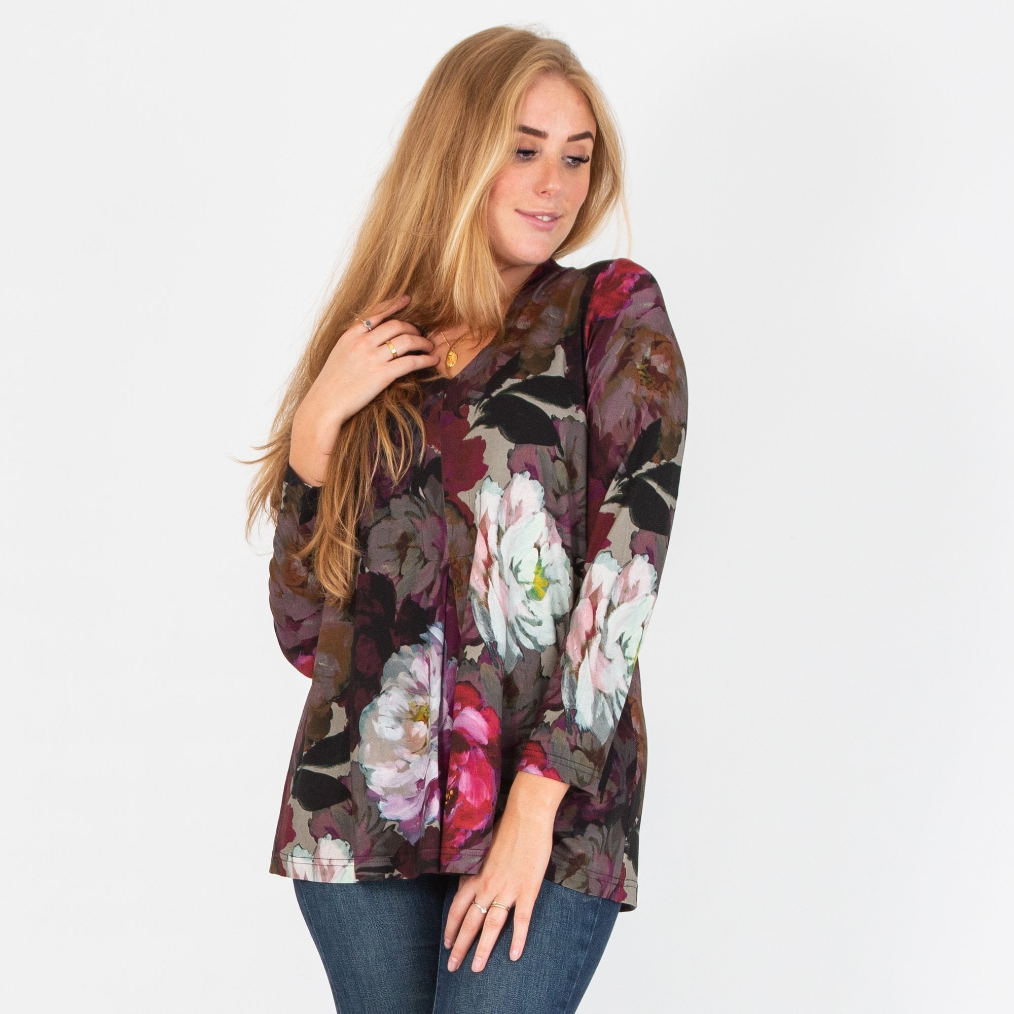 Sahara V Neck Rose Print A Line Top Purple/grey