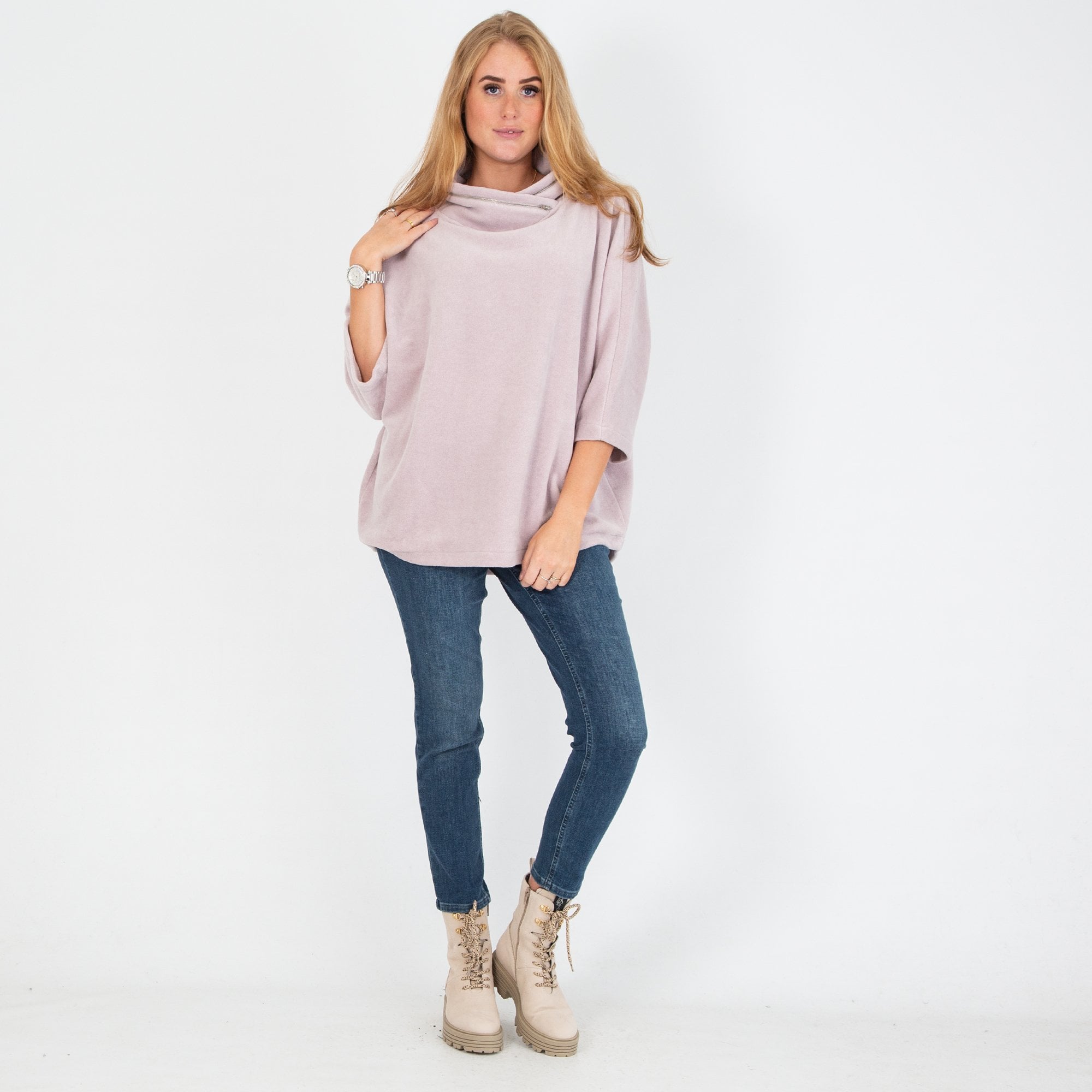Simclan Cowl Neck 3/4 Sleeve Fleece Jumper Lilac