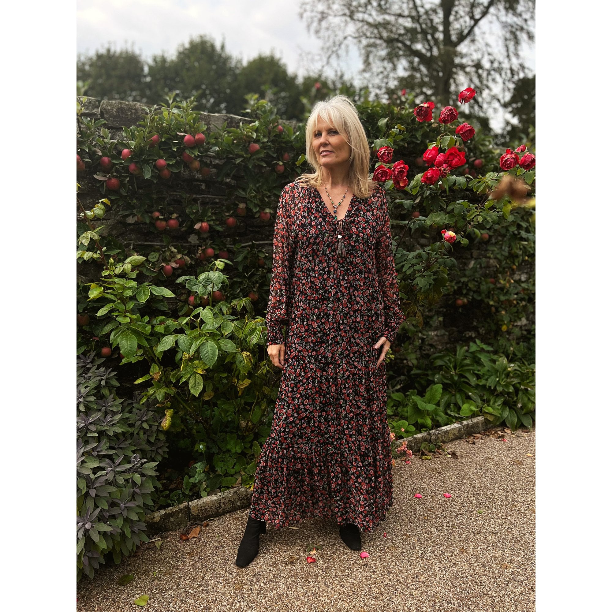 Moliin Elena Pretty Floral Tiered Hem Maxi Dress Red/Black/Multi