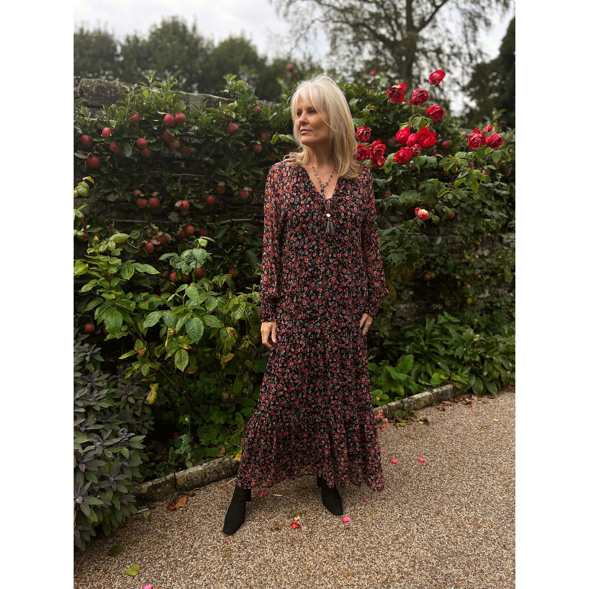 Moliin Elena Pretty Floral Tiered Hem Maxi Dress Red/Black/Multi