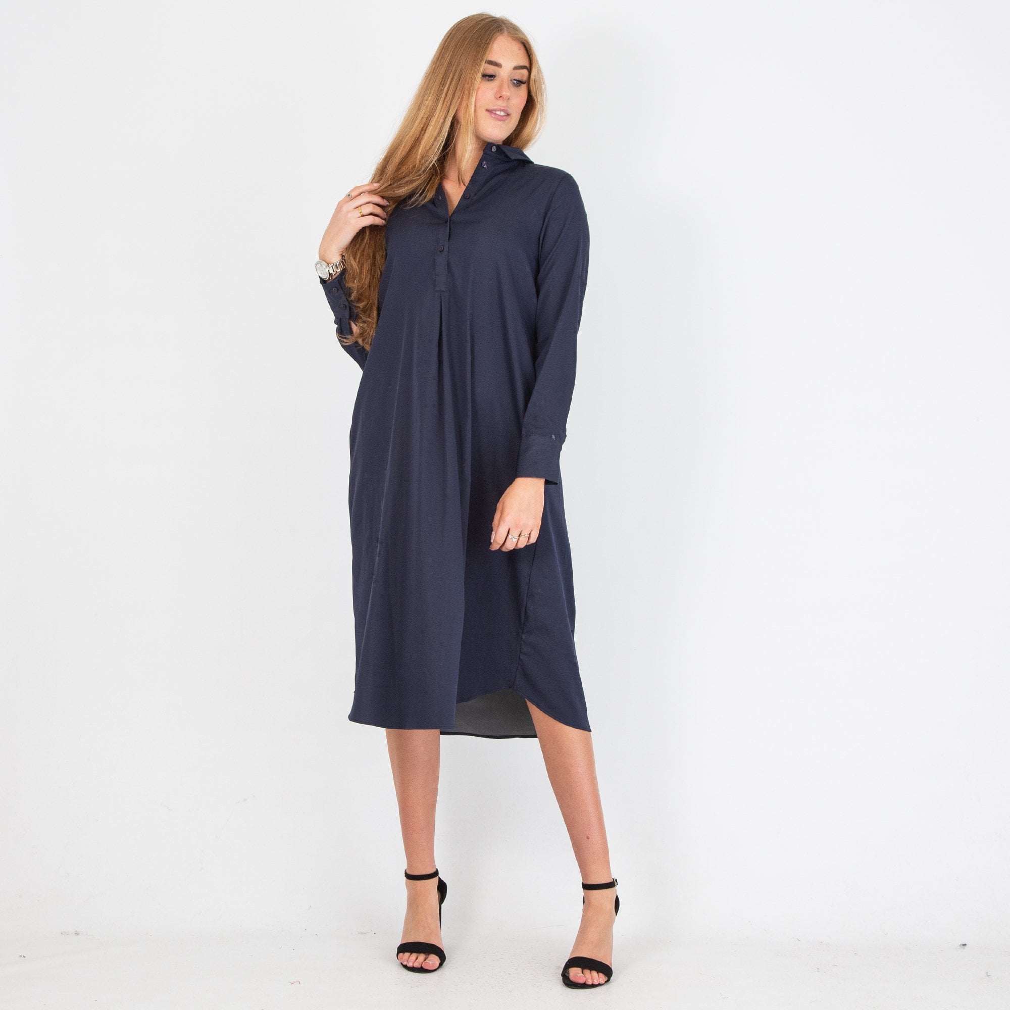 Milano Italy Cotton Stretch Loose Shirt Dress Navy
