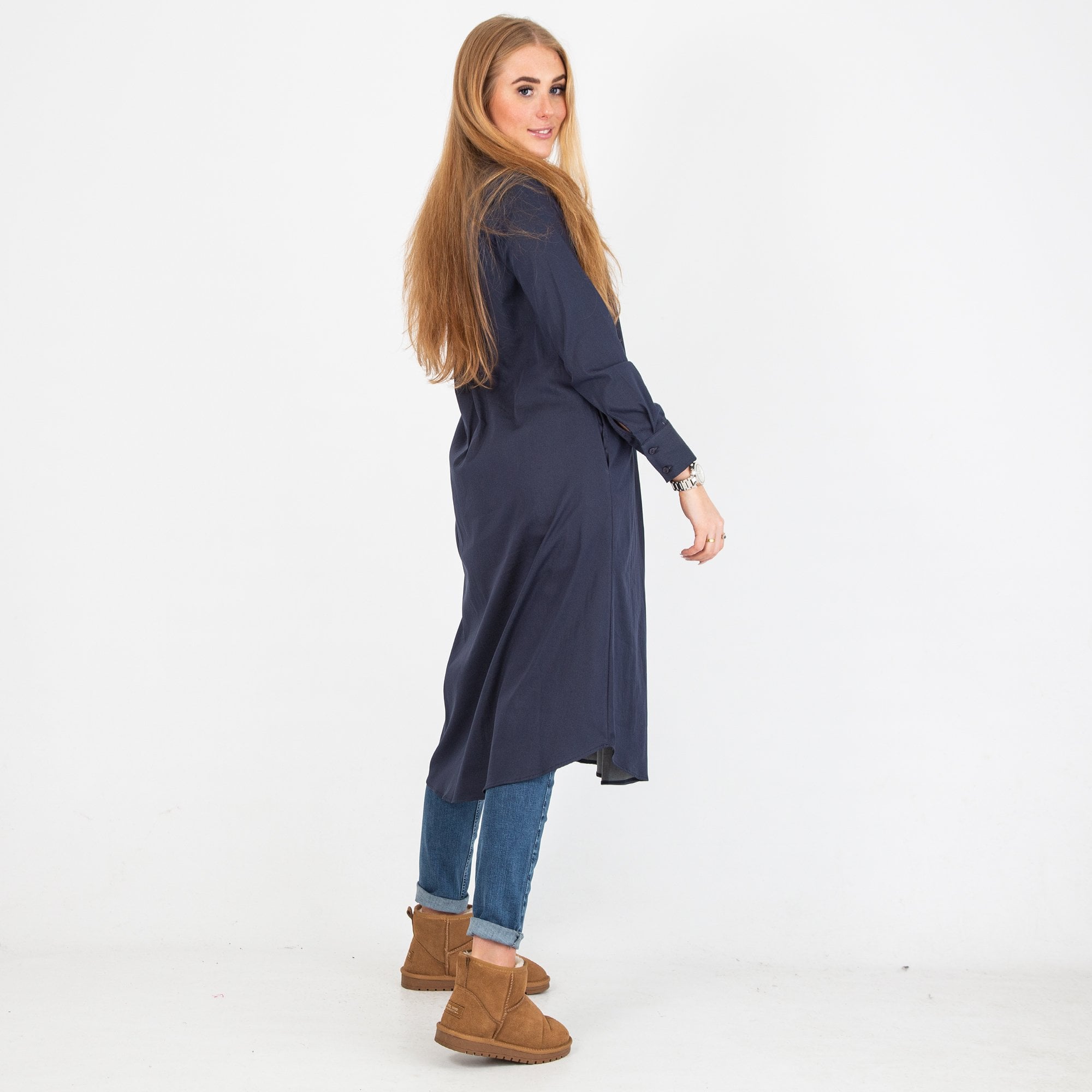 Milano Italy Cotton Stretch Loose Shirt Dress Navy
