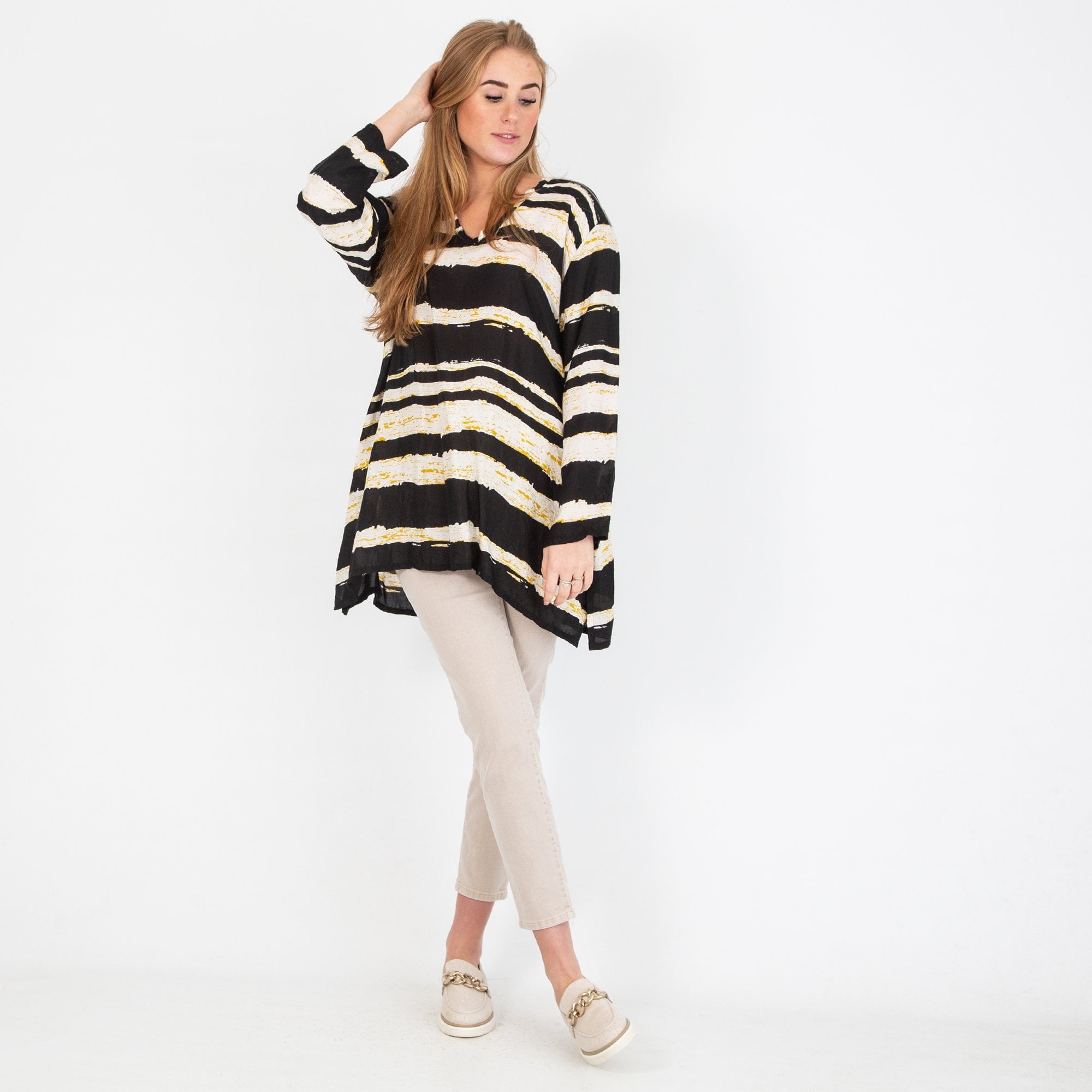 Masai Berta Loose Paint Stripe V Neck Top Black/White/Yellow