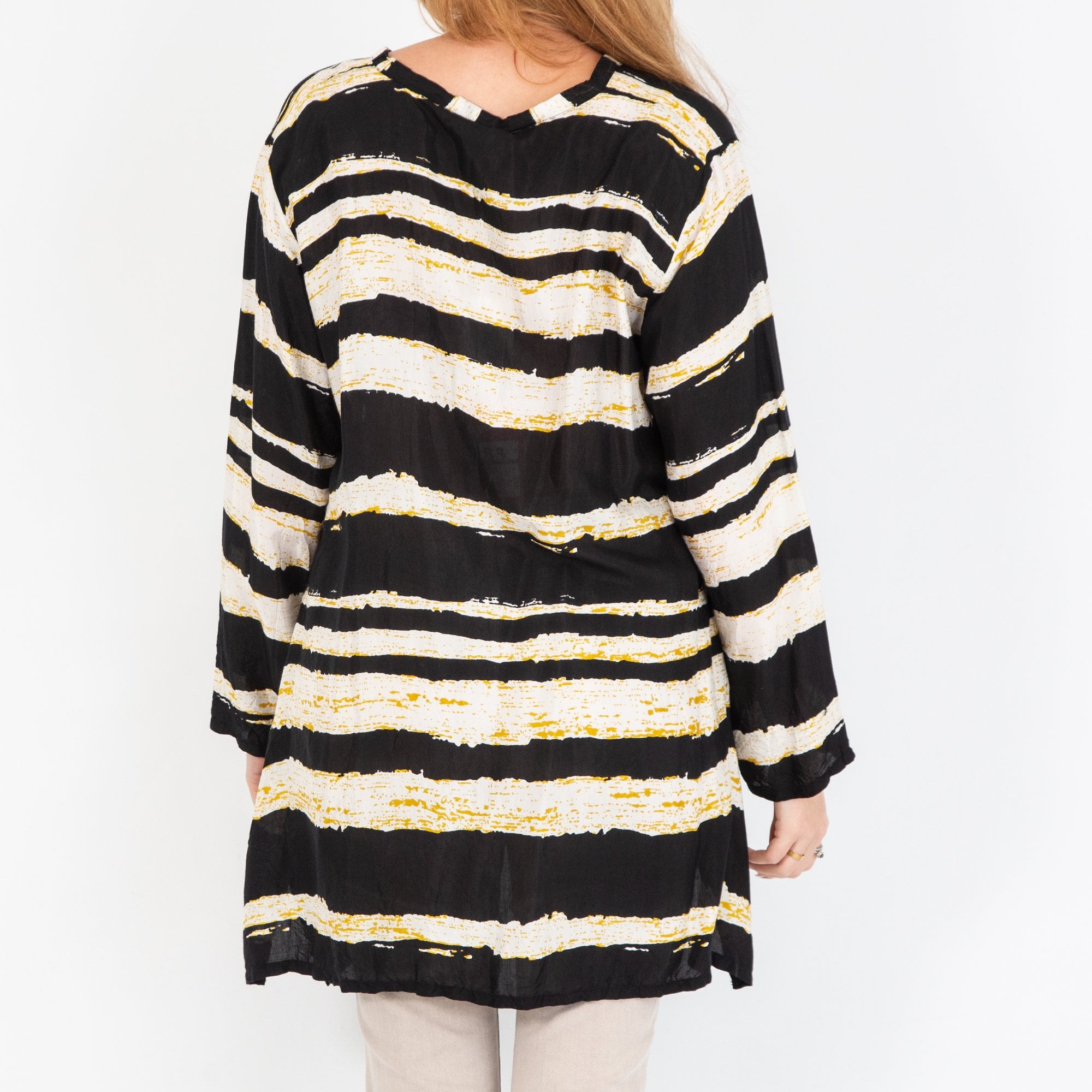 Masai Berta Loose Paint Stripe V Neck Top Black/White/Yellow