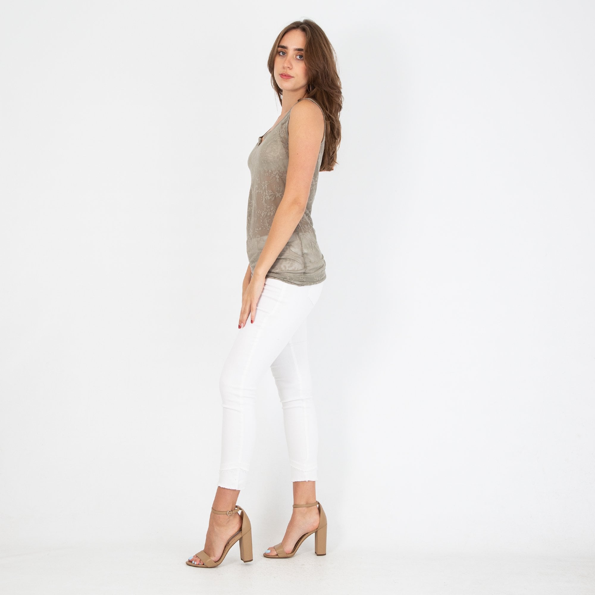 Simclan Sleeveless Jacquard Print Top Khaki