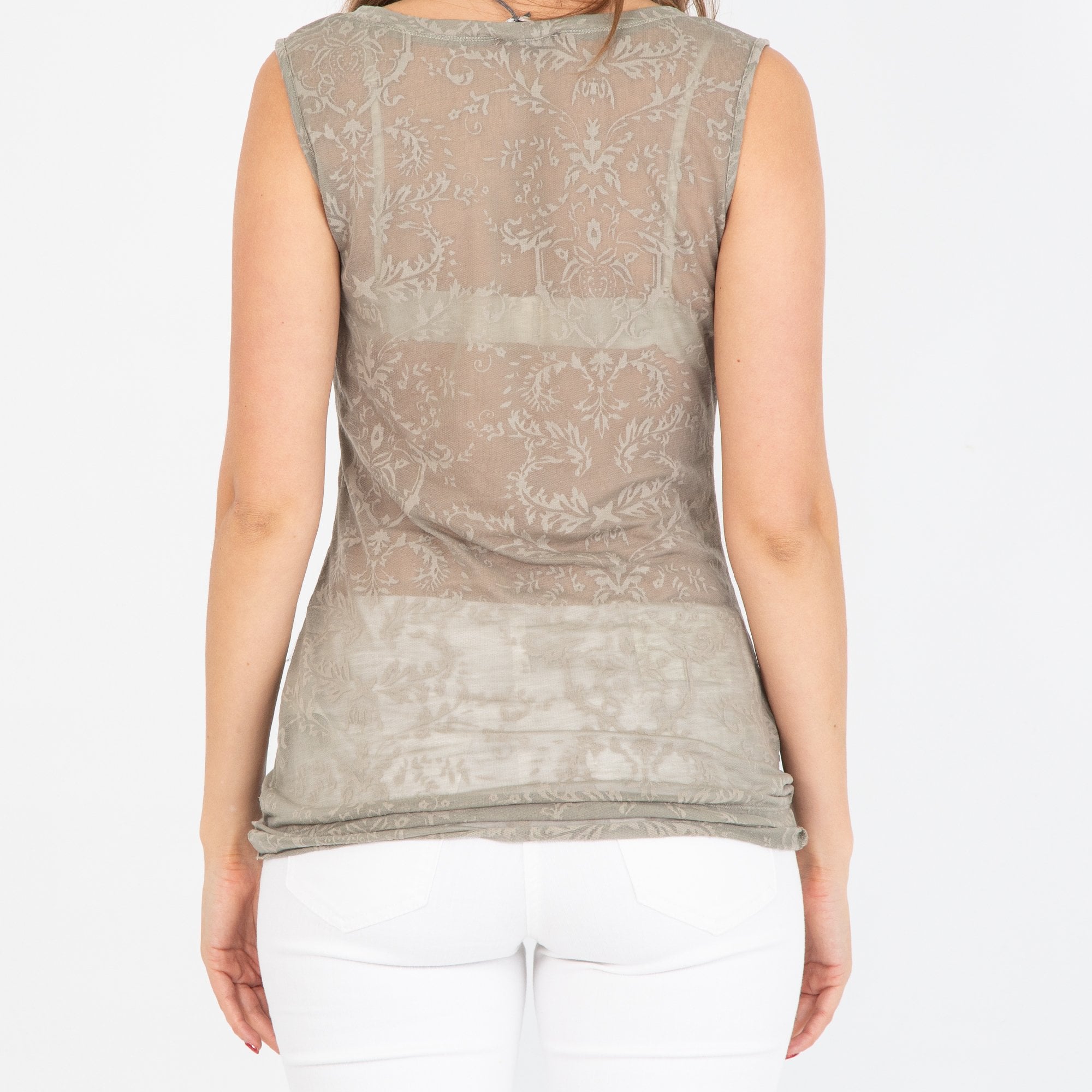 Simclan Sleeveless Jacquard Print Top Khaki