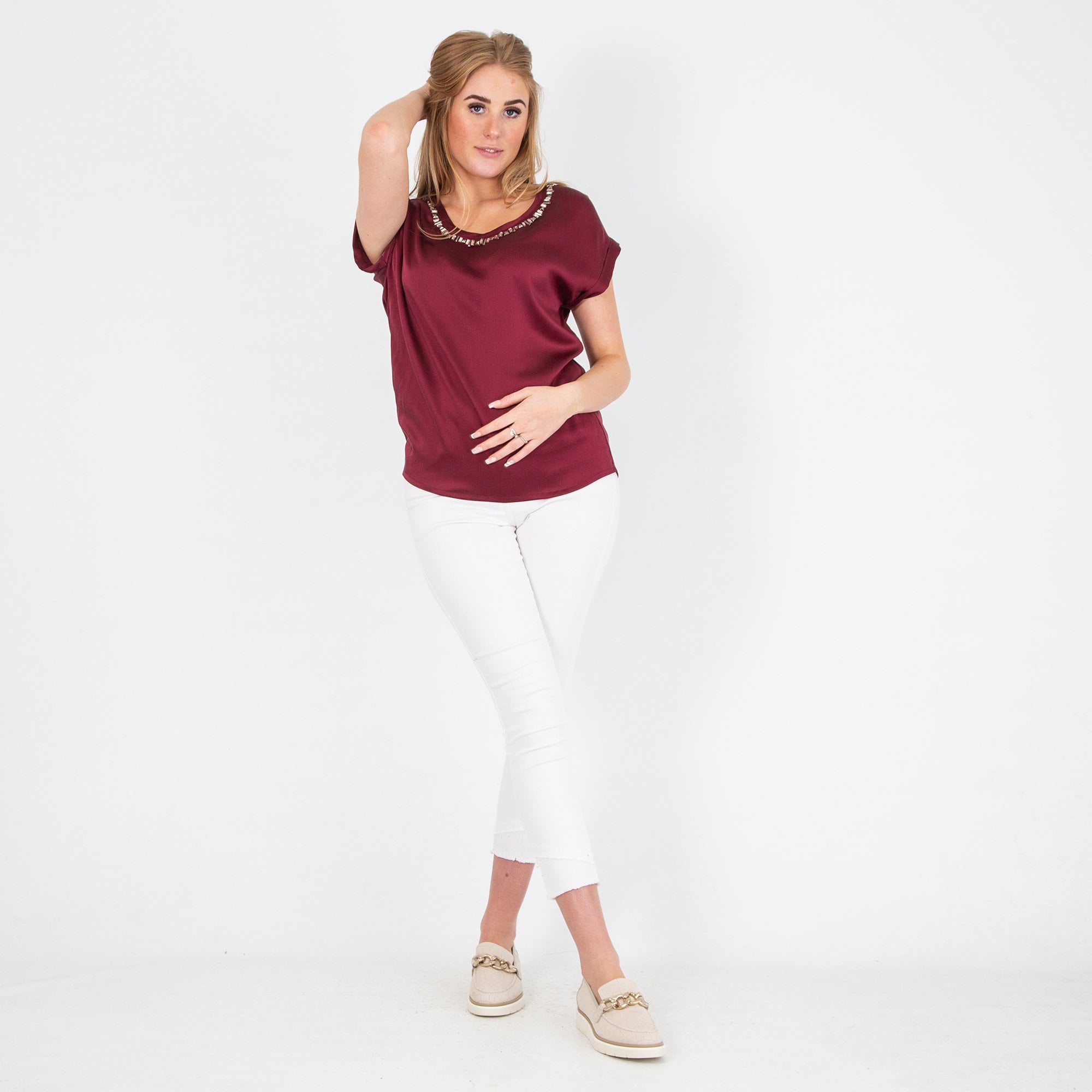 Pinko Short Sleeve Diamonte Neck Top Burgundy