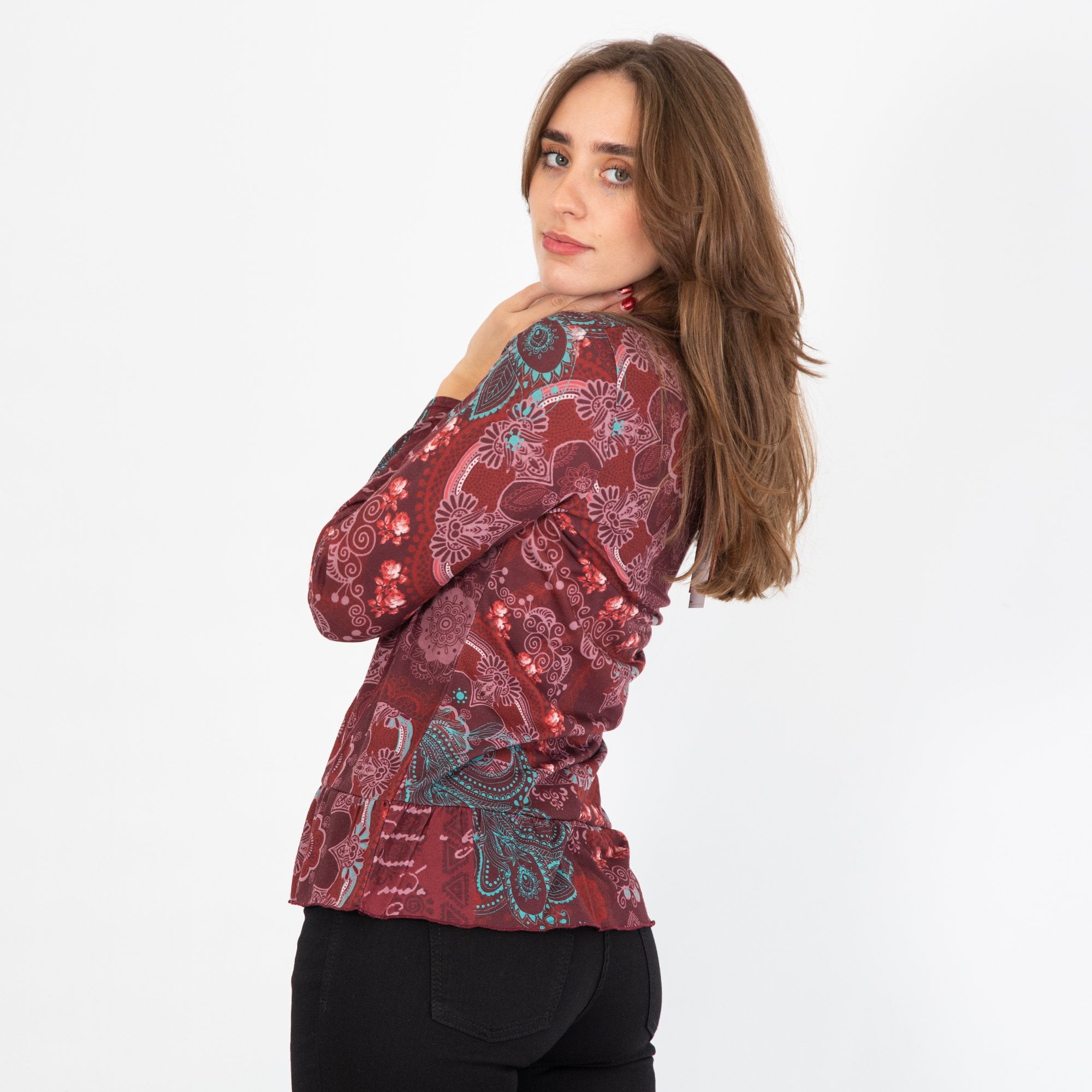 Kalisson Long Sleeve Button Front Top With Frill Detail Red