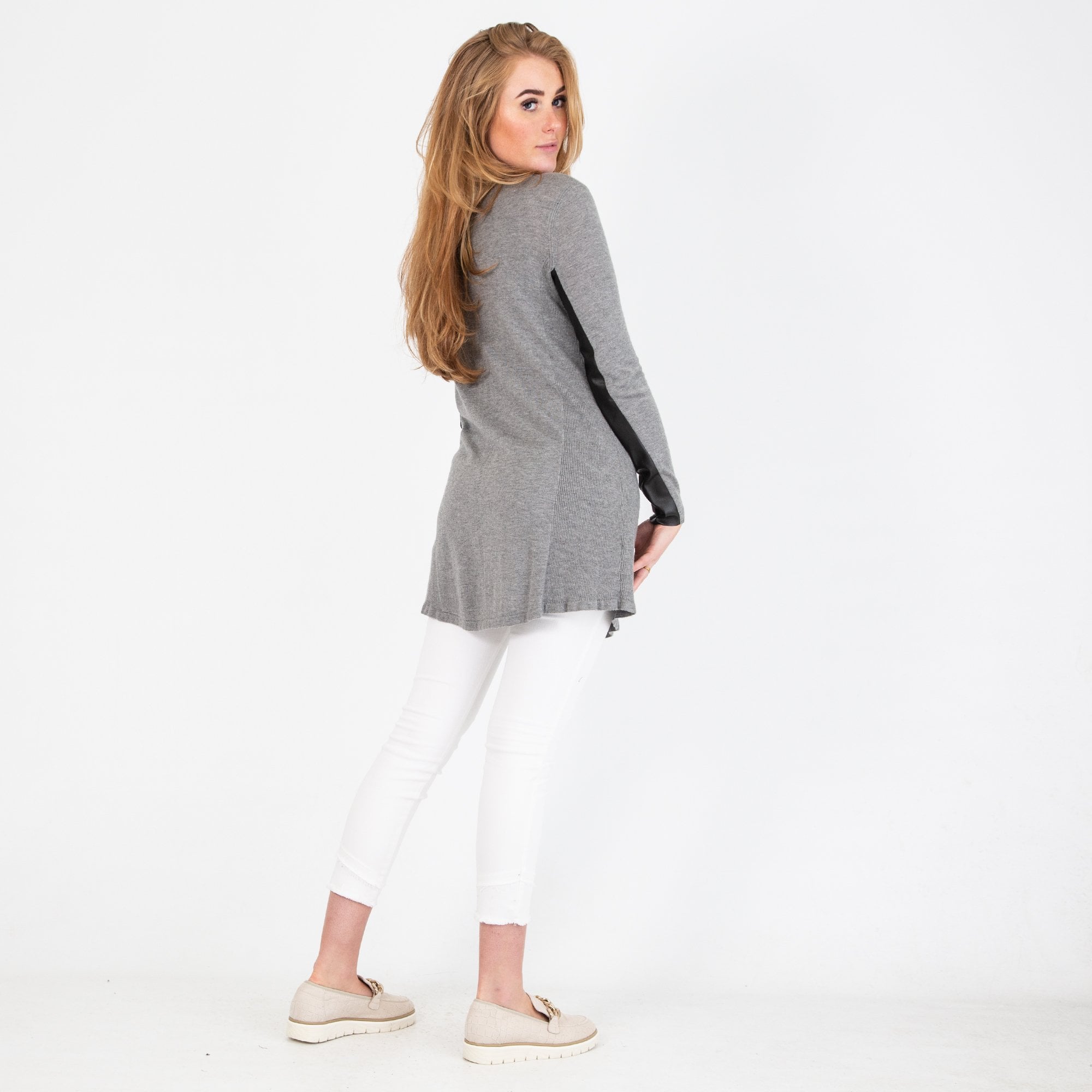 Pinko A Line Leather Sleeve Jumper Grey