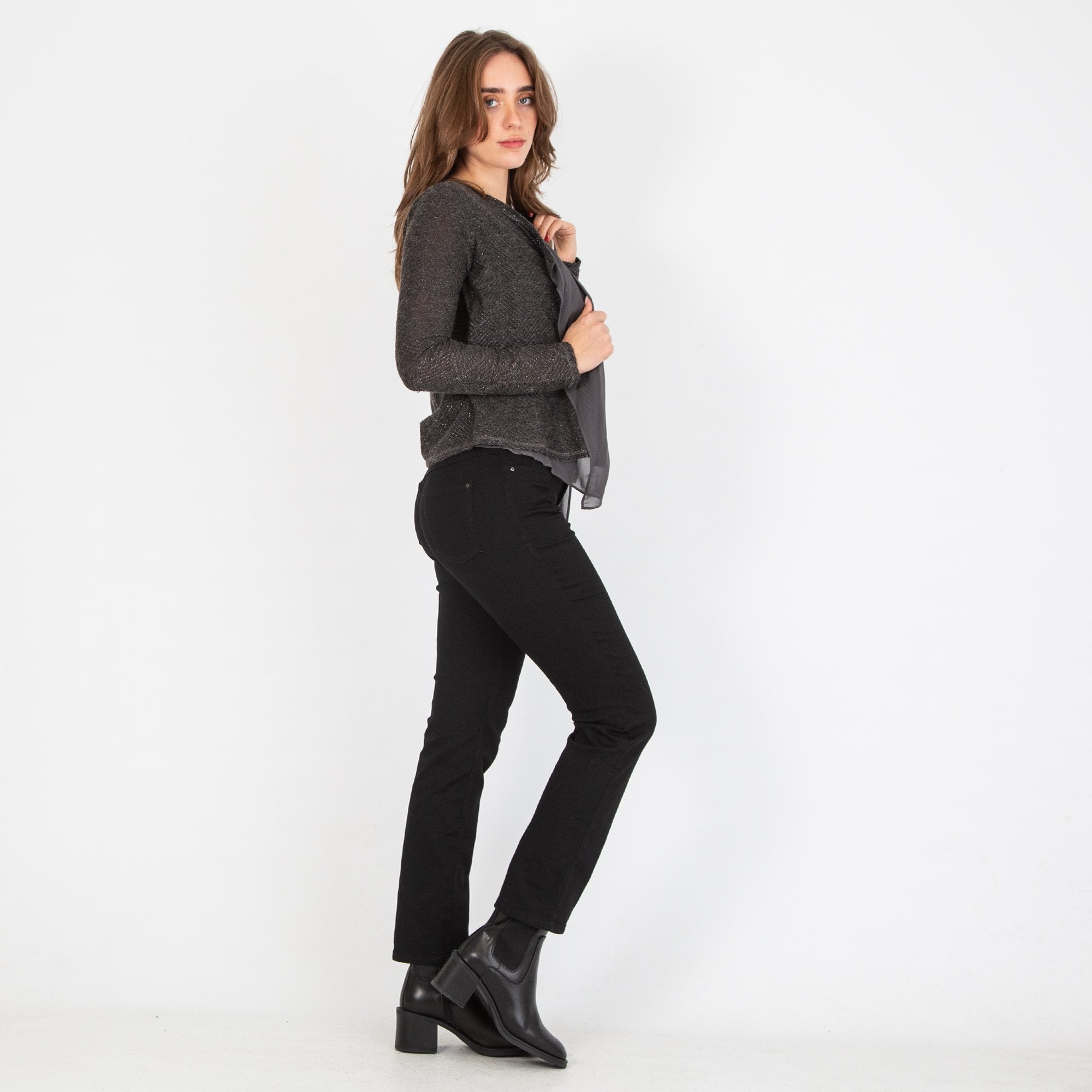 Riani Edge To Edge Lurex Cardigan With Chiffon Trim Charcoal