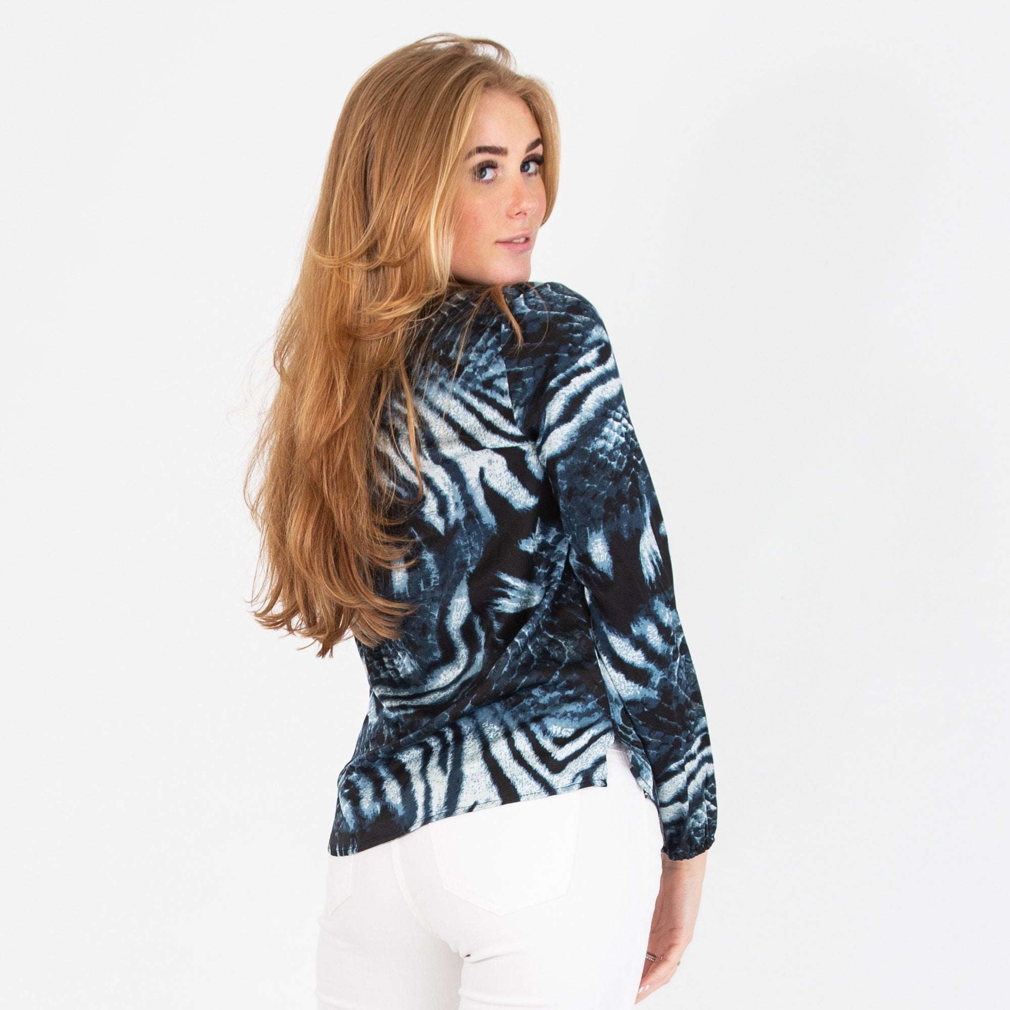 Dea Kudibal Snake Print Split Neck Blouse With Elastic Cuffs Blue/Black