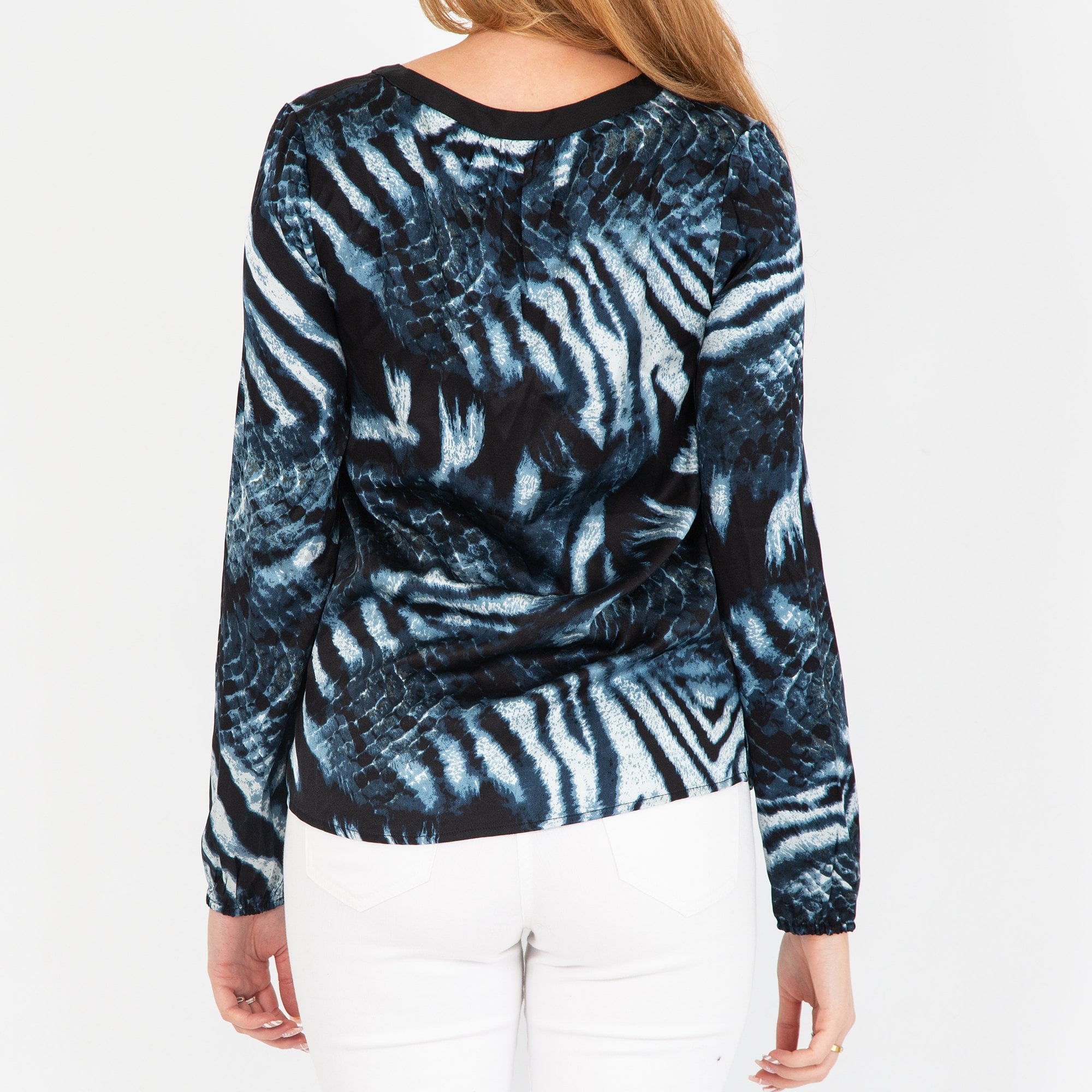 Dea Kudibal Snake Print Split Neck Blouse With Elastic Cuffs Blue/Black