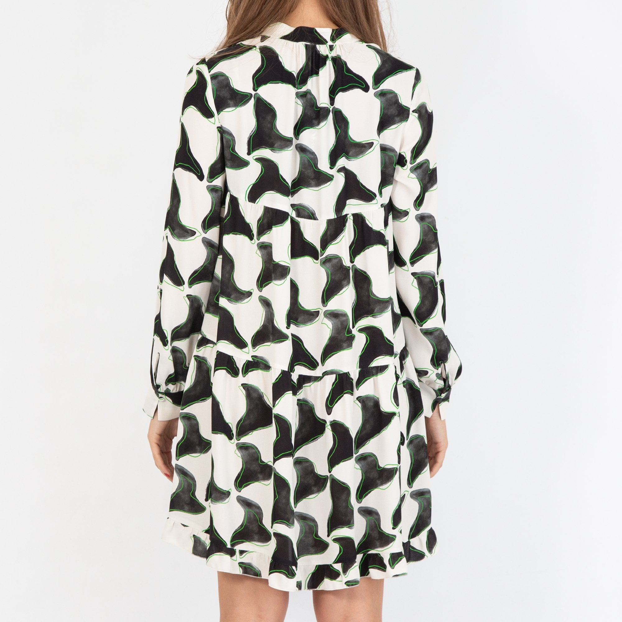 Luisa Cerano Abstract Houndstooth Tiered Dress Ivory/black