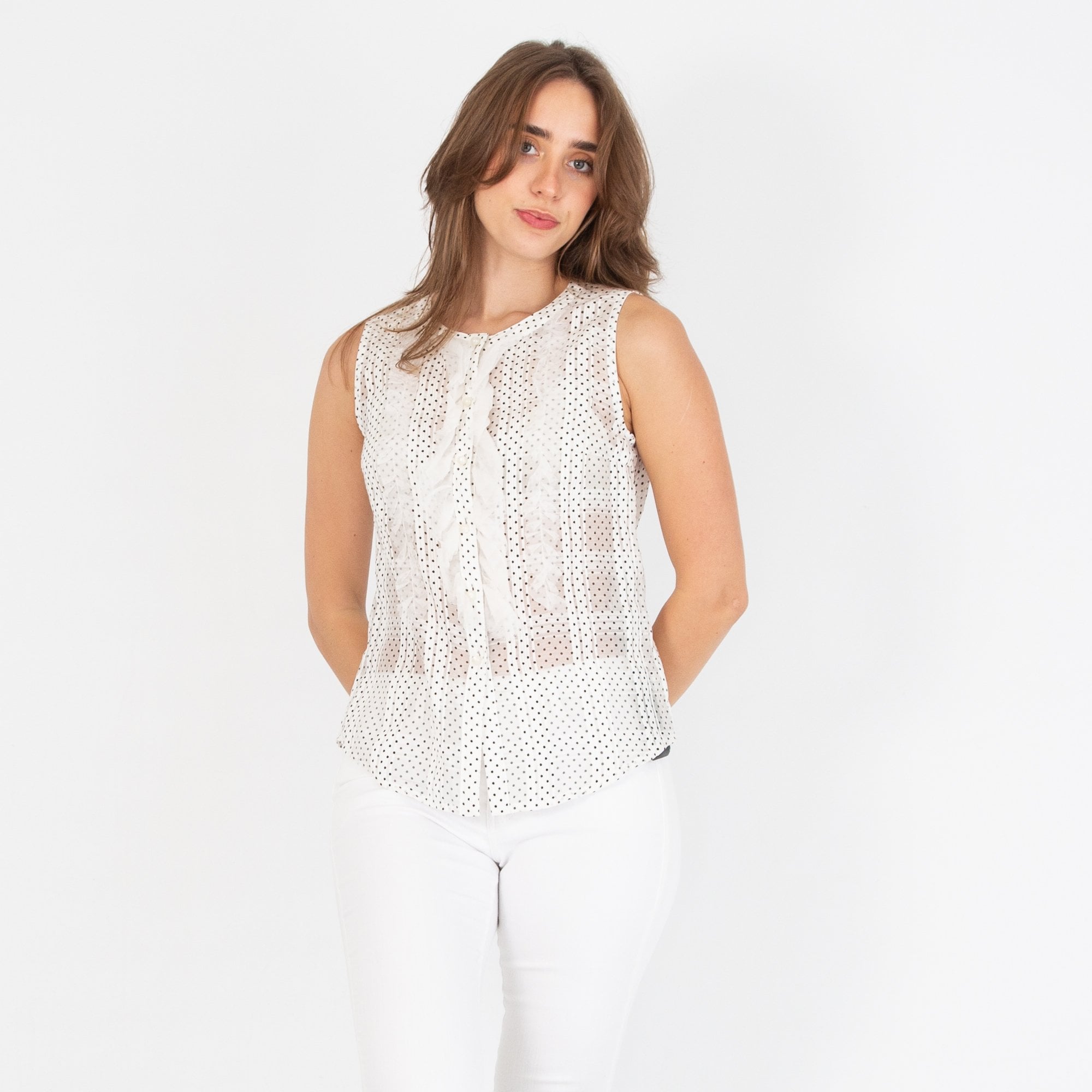 Marc Cain Sleeveless Ruffle Front Blouse Off White