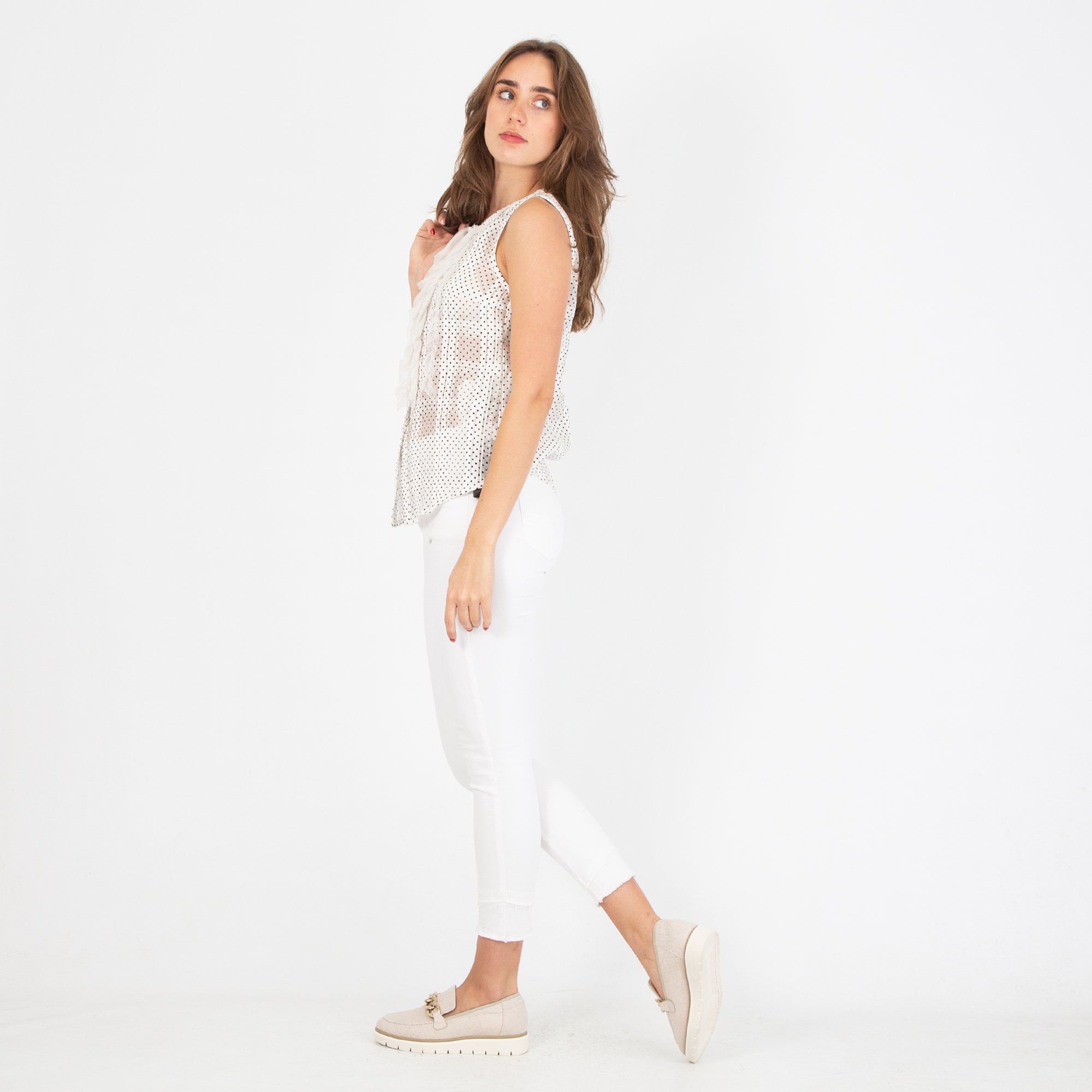 Marc Cain Sleeveless Ruffle Front Blouse Off White