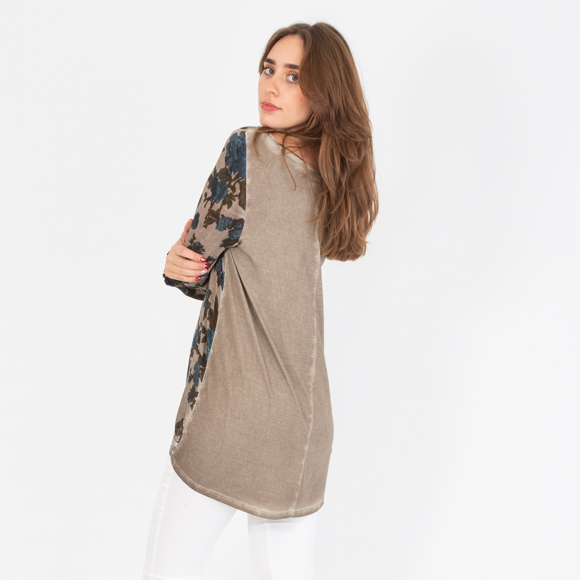 Simclan Rose Print Loose Top With Lace Hem Walnut