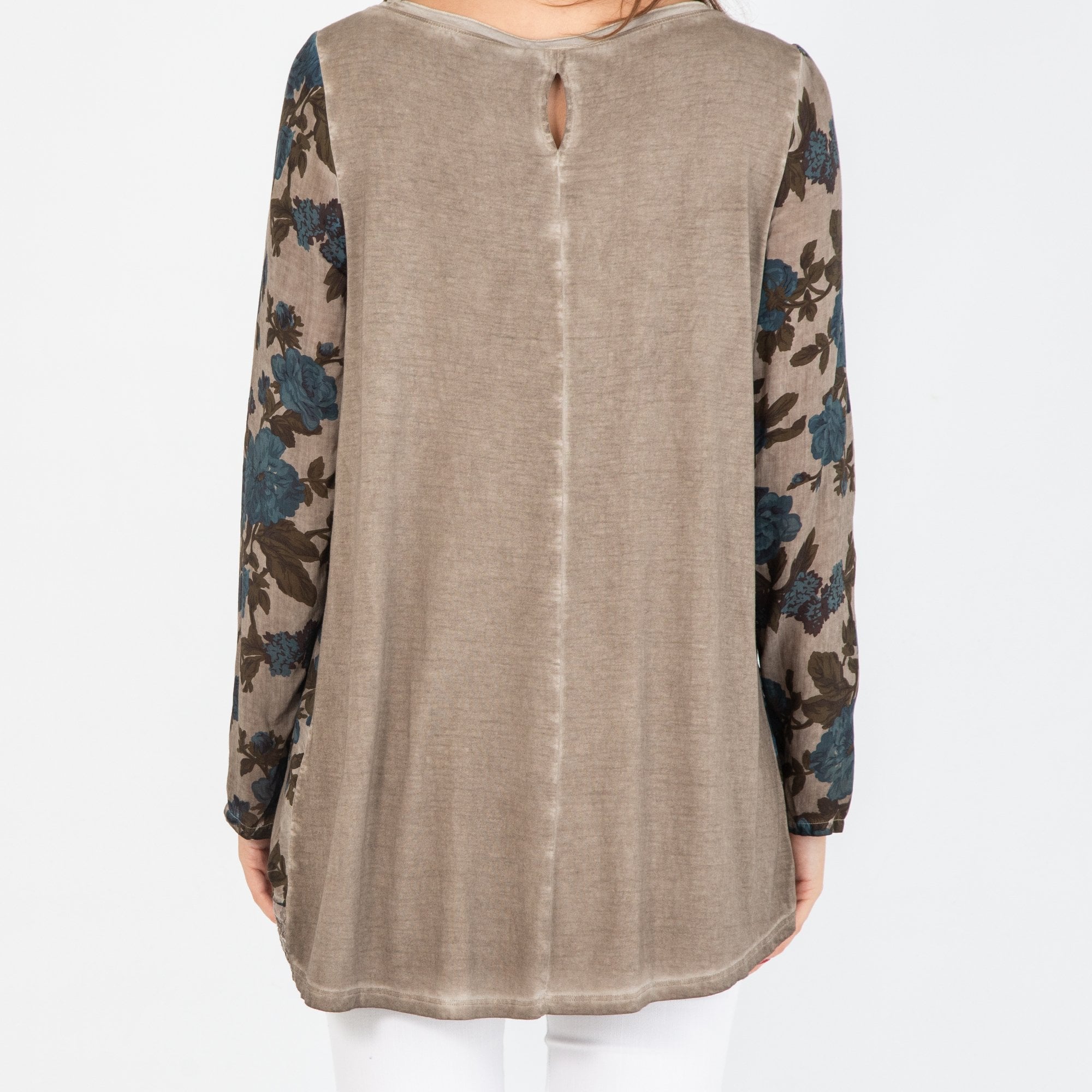 Simclan Rose Print Loose Top With Lace Hem Walnut
