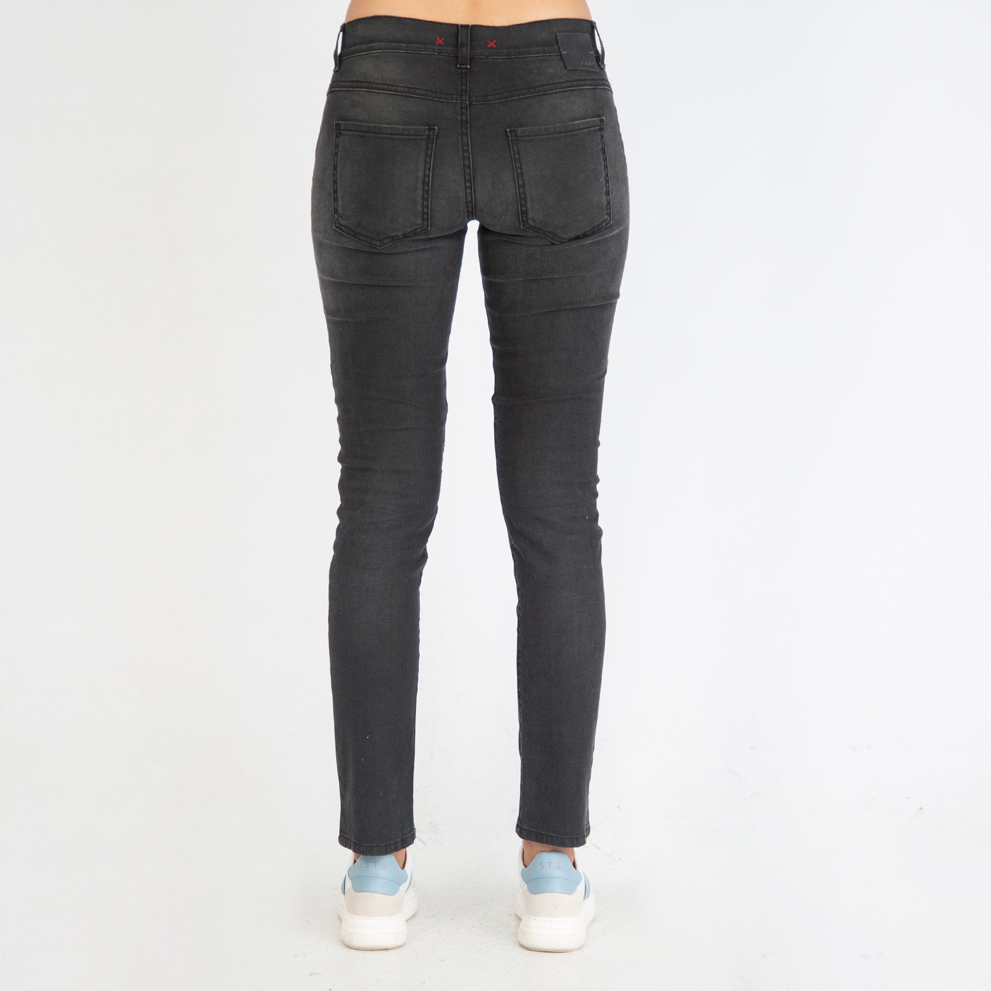 Pinko Leather and Denim Skinny Low Rise Jean Grey