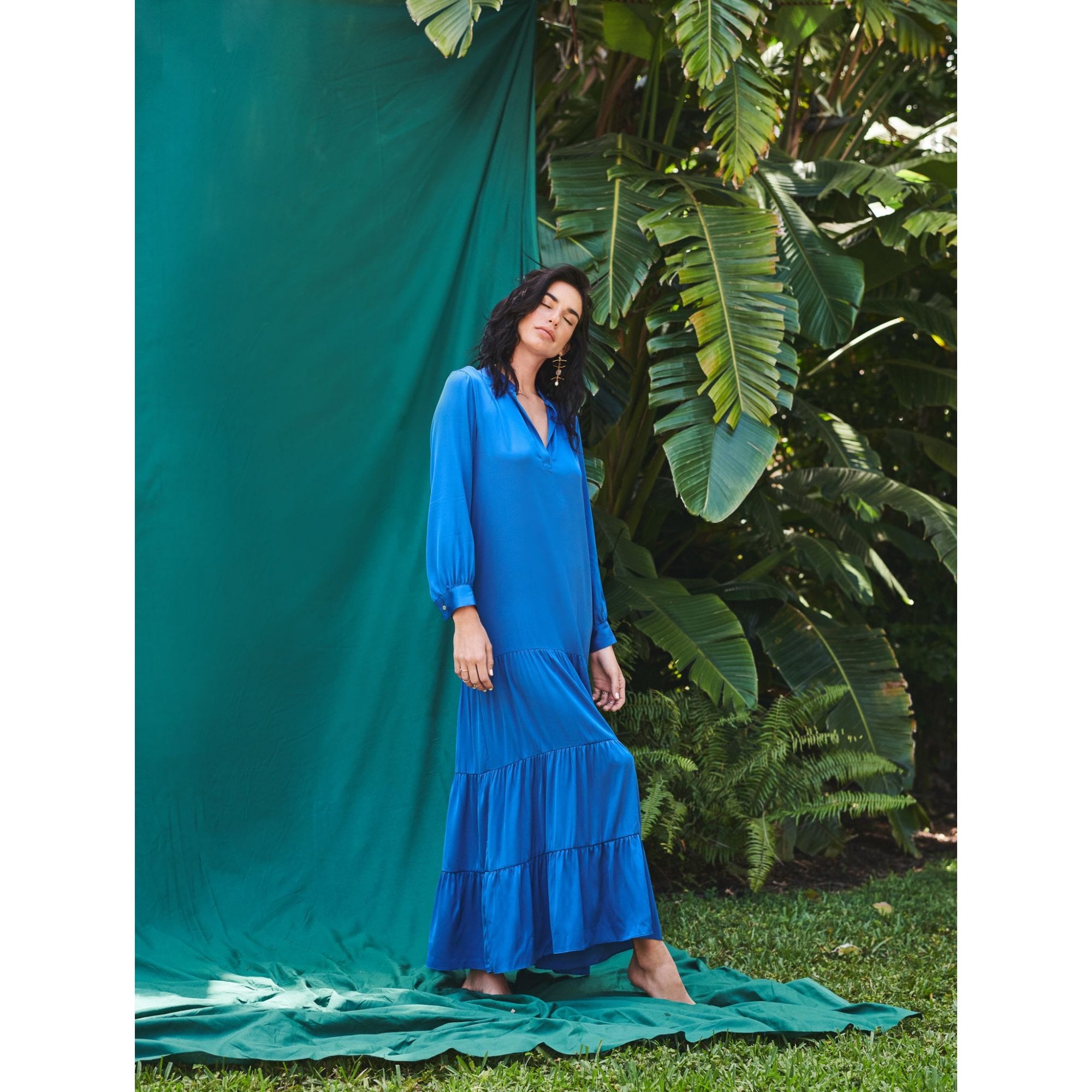 Silk95 Namibia V Neck Tiered Silk Dress Cobalt