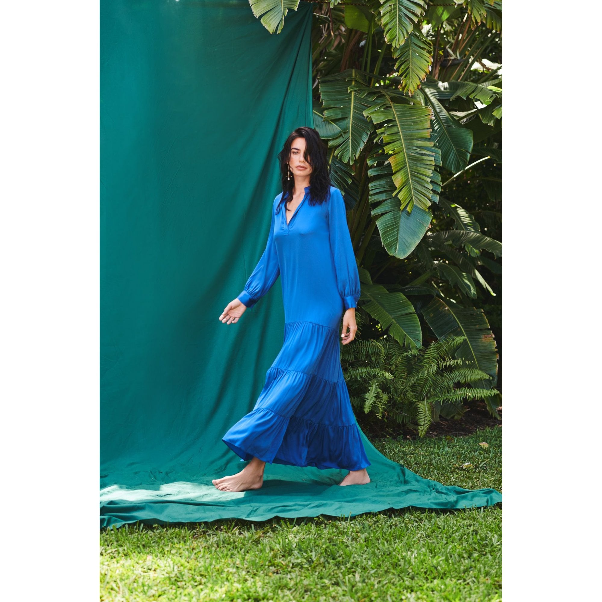 Silk95 Namibia V Neck Tiered Silk Dress Cobalt