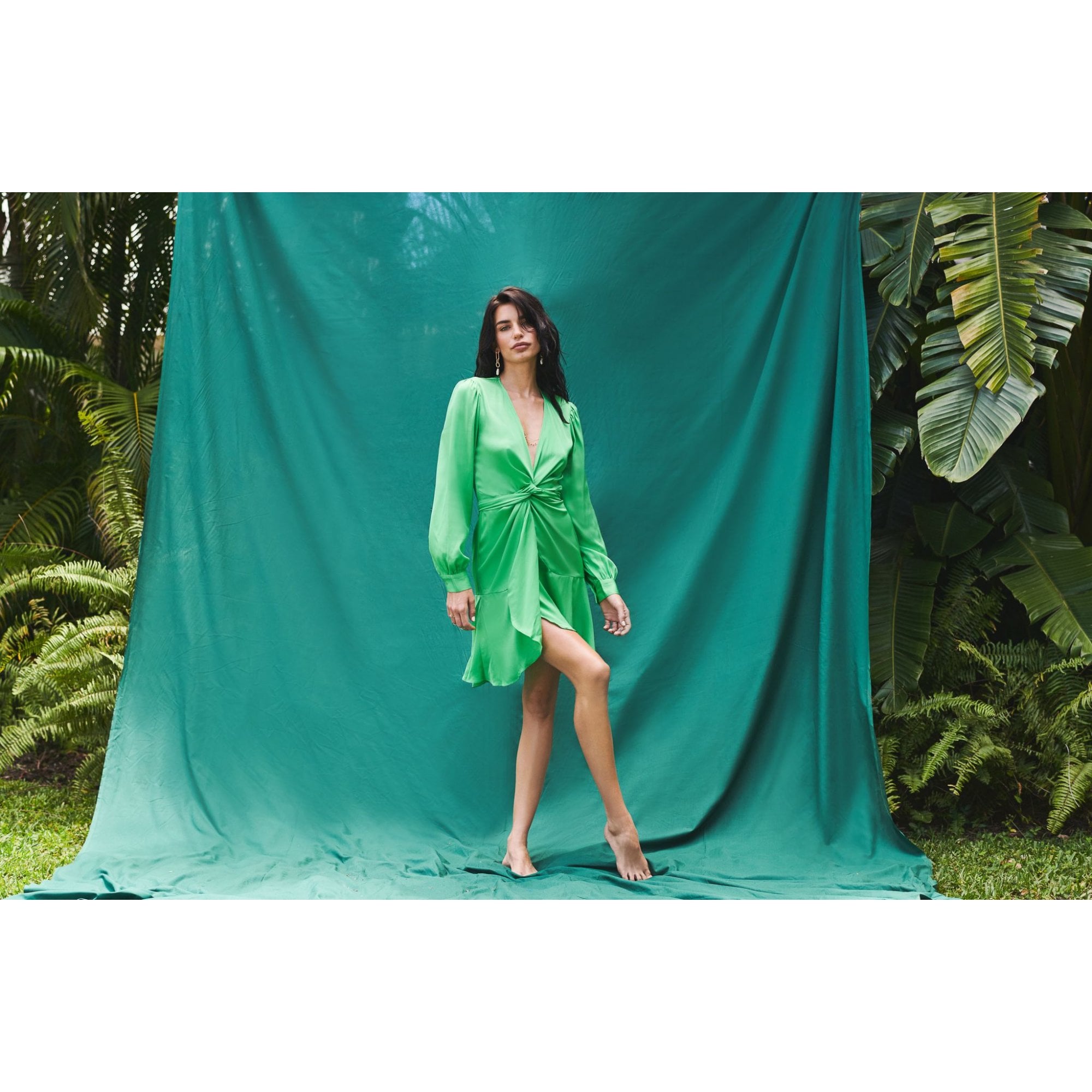 Silk95 Ananda Tie Waist Tiered Silk Short Wrap Dress Bright Green