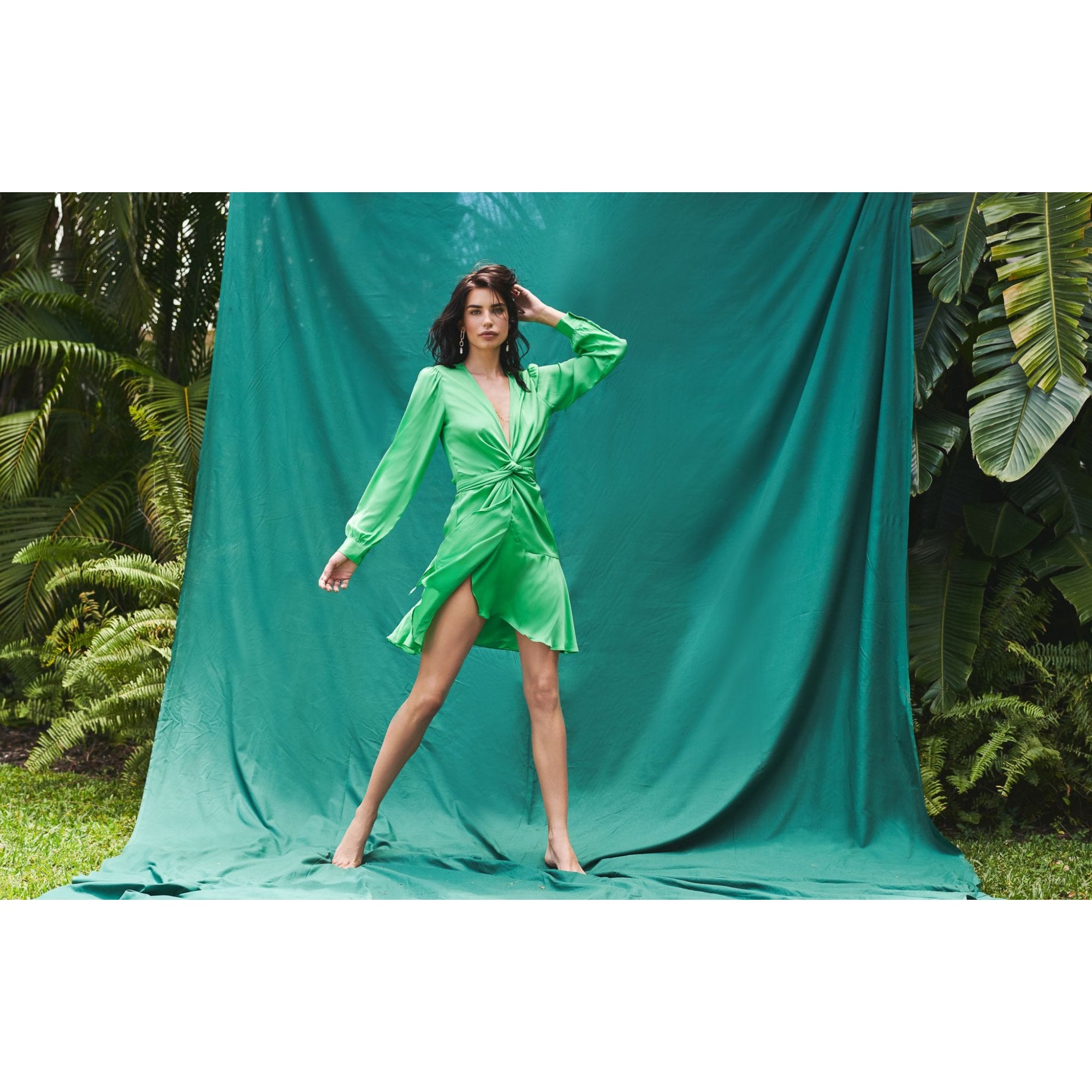 Silk95 Ananda Tie Waist Tiered Silk Short Wrap Dress Bright Green